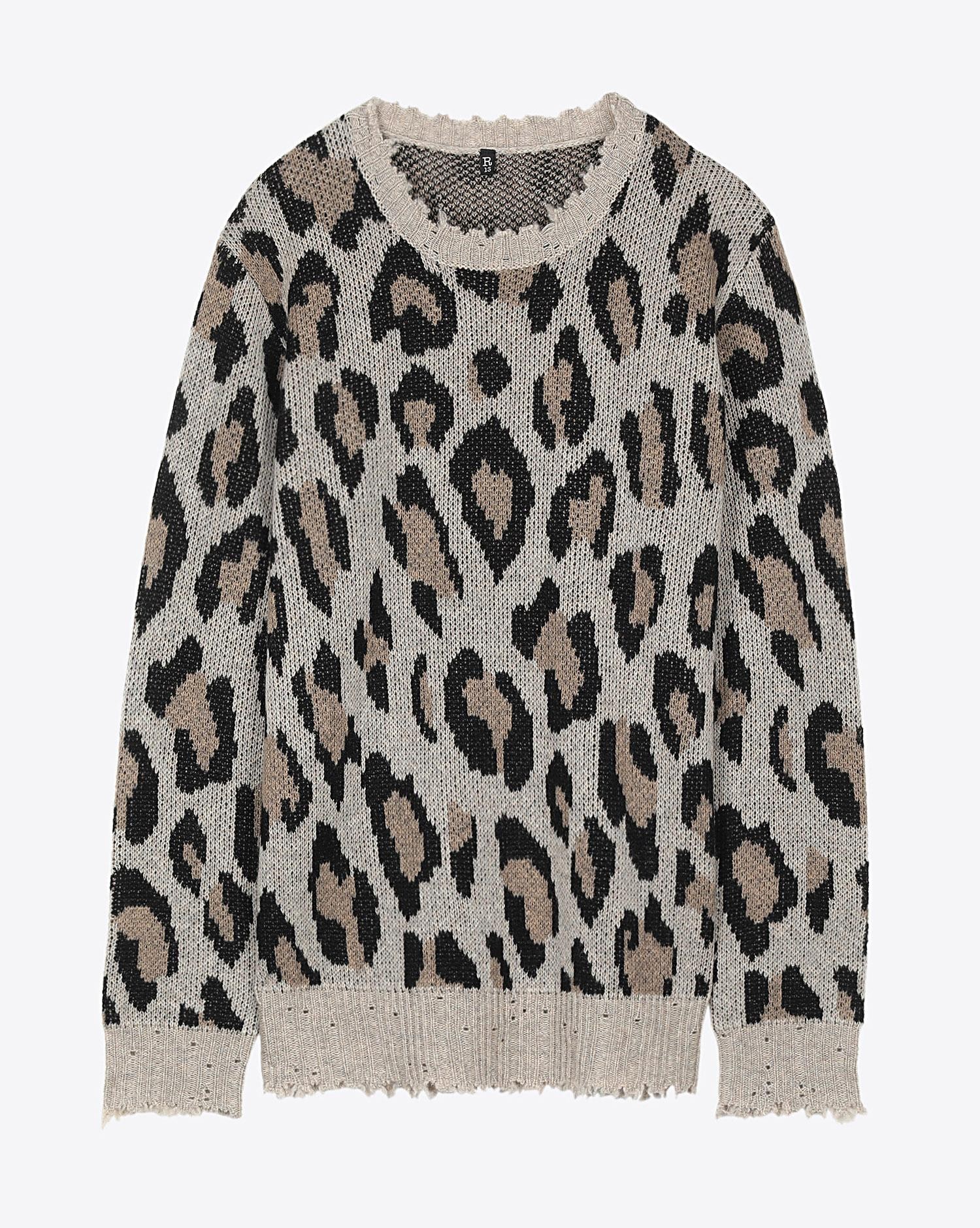 R13 Denim Permanent Leopard Cashmere Crewneck Sweater - Leopard