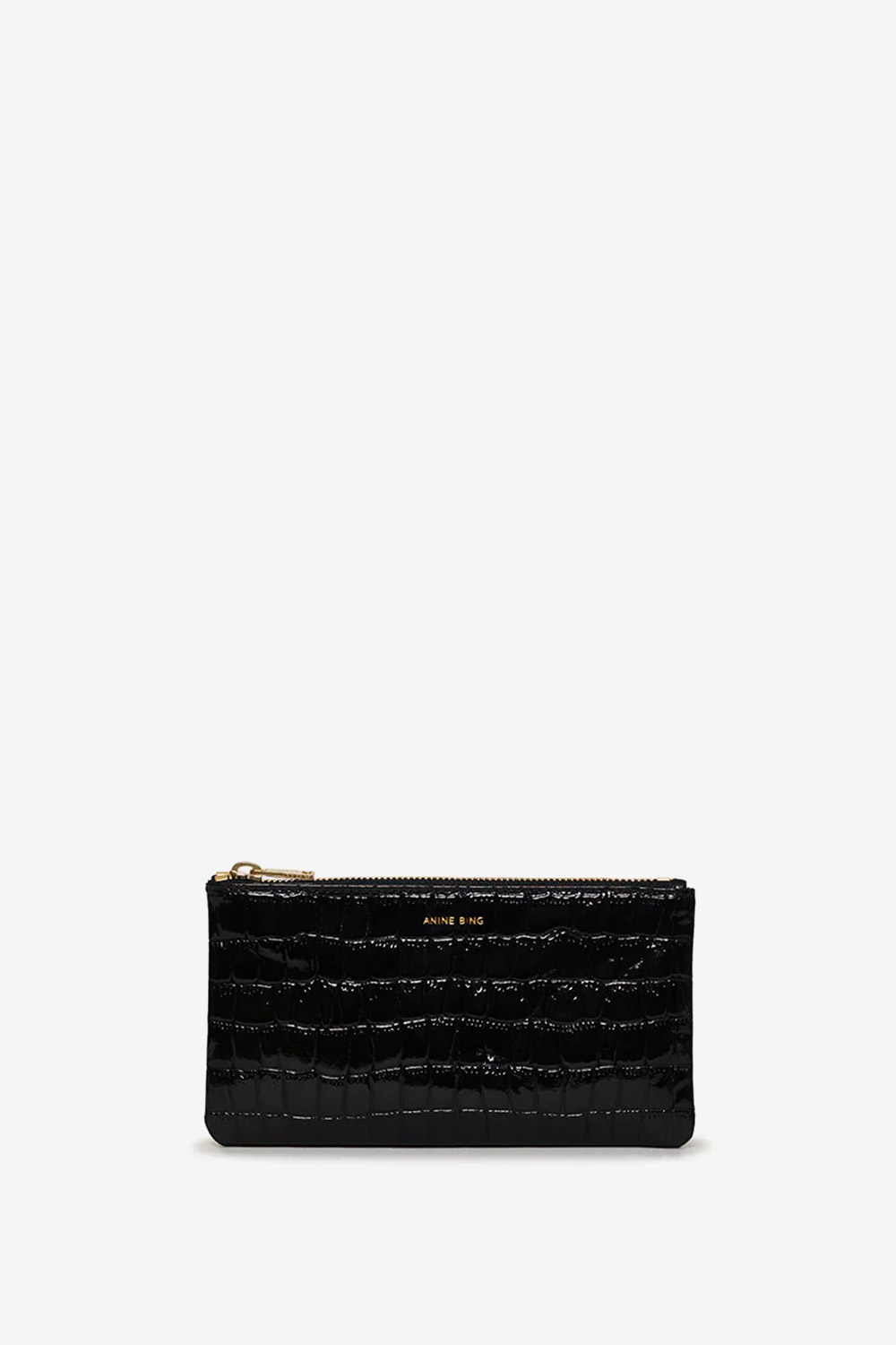 Pochette Elly Anine Bing en cuir vernis croco noir. 