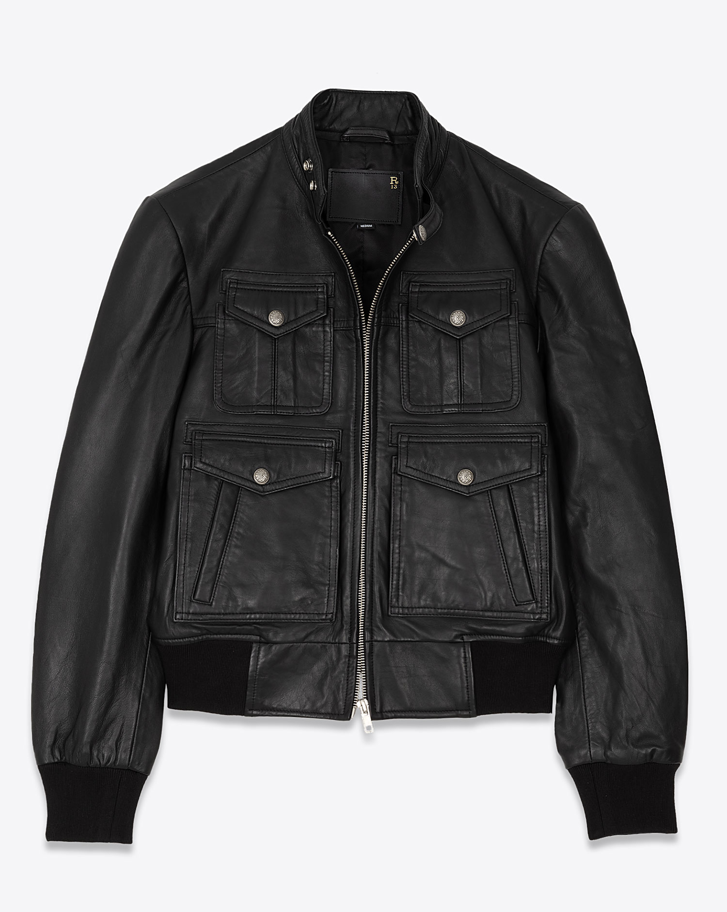 Blouson avec fermeture zippée R13 en cuir noir. Vue face.