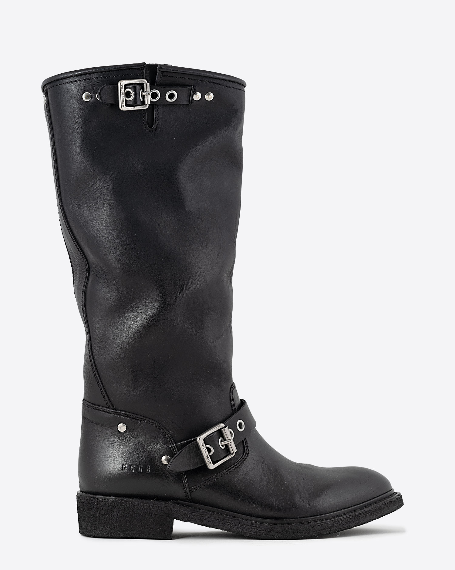 Bottes de biker en cuir noir sangles oeillets métal argenté Golden Goose. Profil.