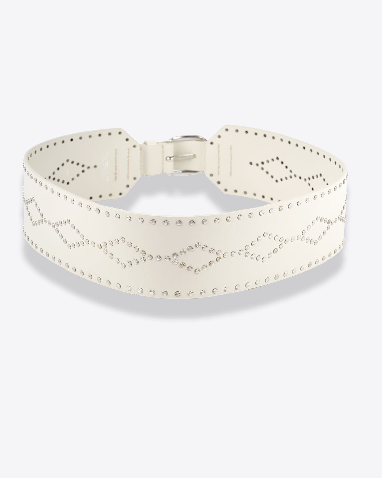 Ceinture large en cuir craie clouté argenté Lucie Isabel Marant. Dos.