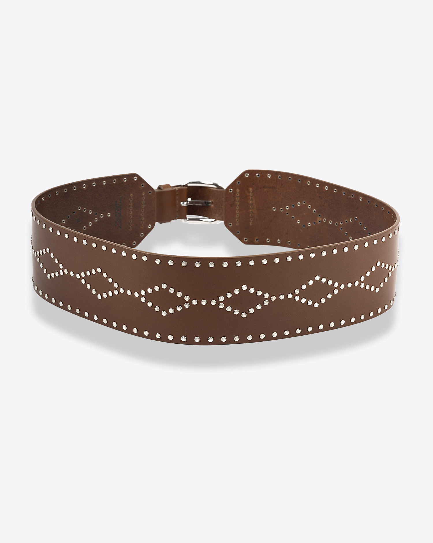 Ceinture large en cuir cognac clouté argenté Lucie Isabel Marant. Dos.