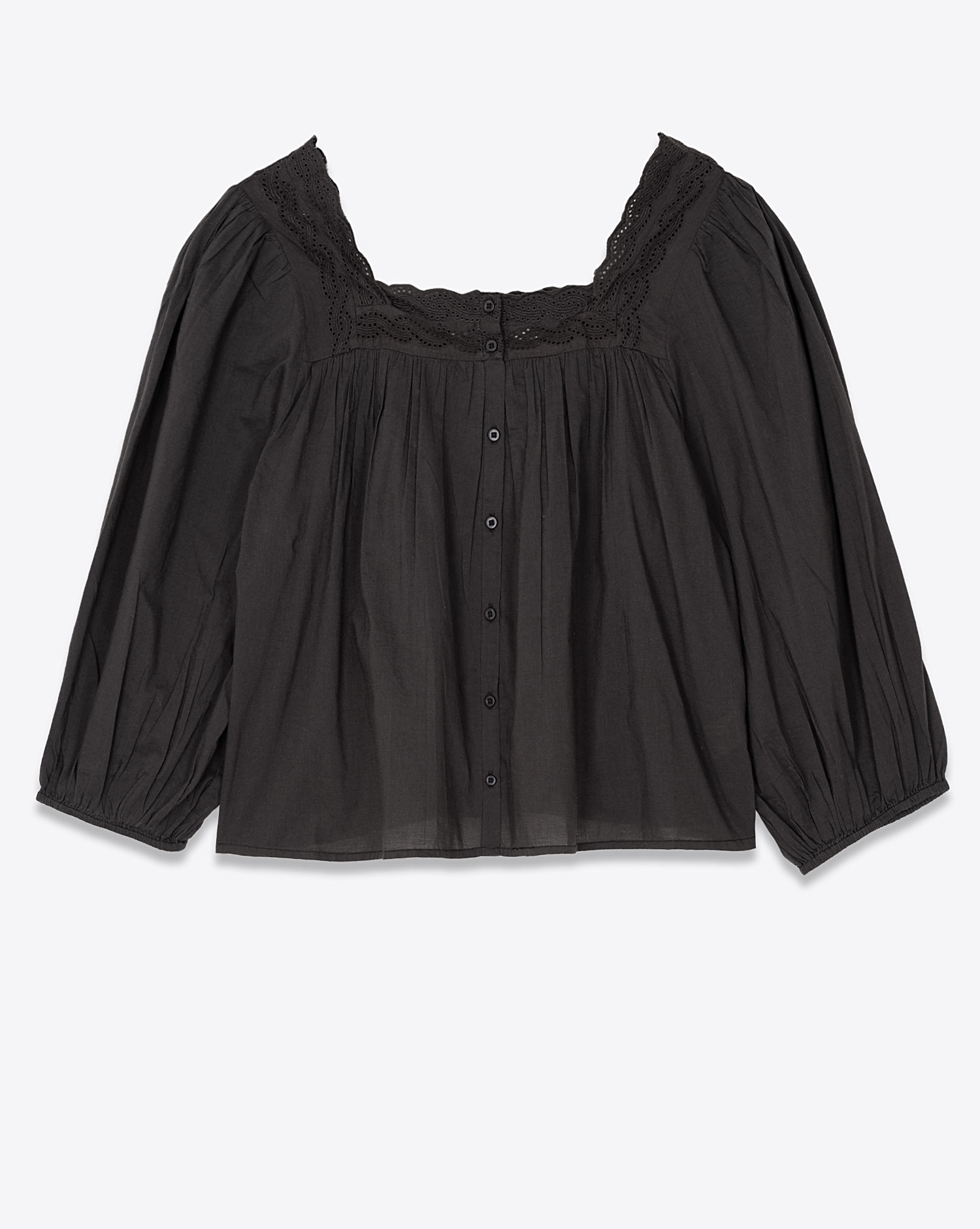 Blouse manches 3/4 blousantes en coton noir Eyelet The Great. Face.