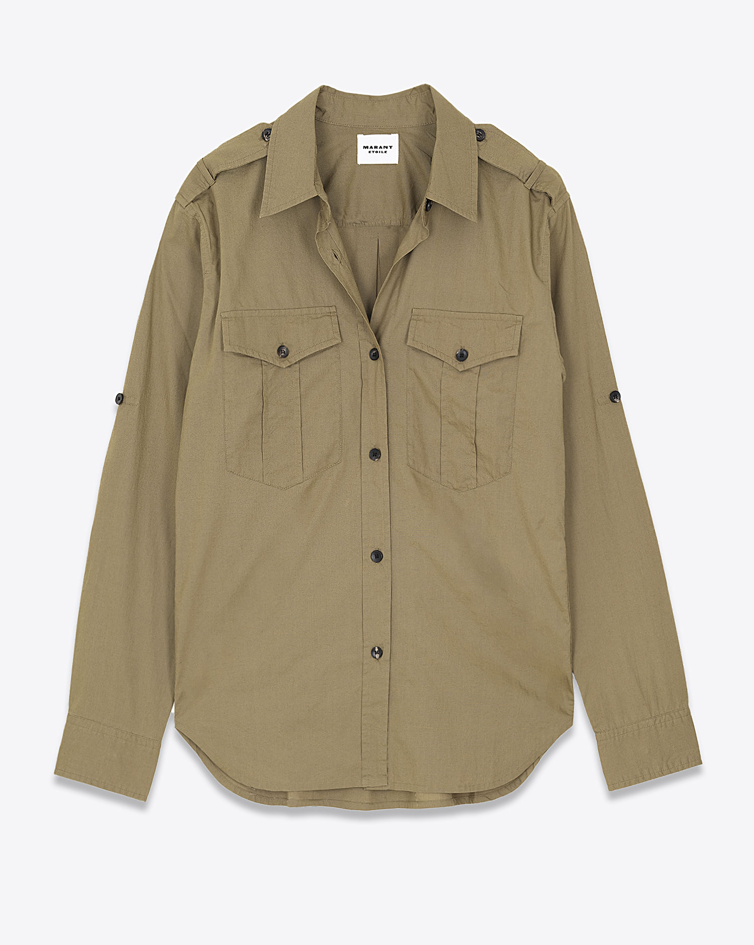 Chemise manches longues esprit Army en popeline de coton kaki Romya Isabel Marant Etoile. Face.