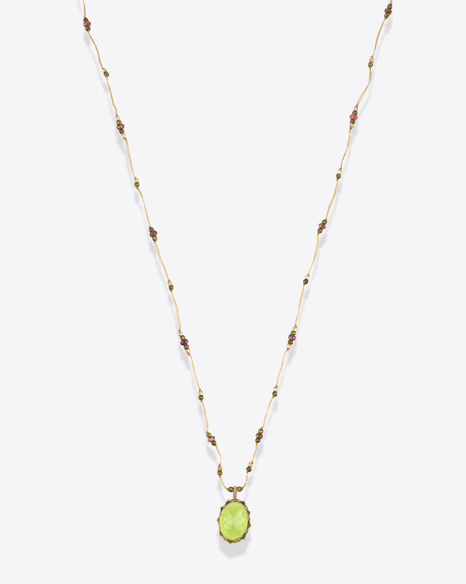 Collier Long Tibétain V Sharing avec pierre Indian Glass Peridot sur cordon beige. 