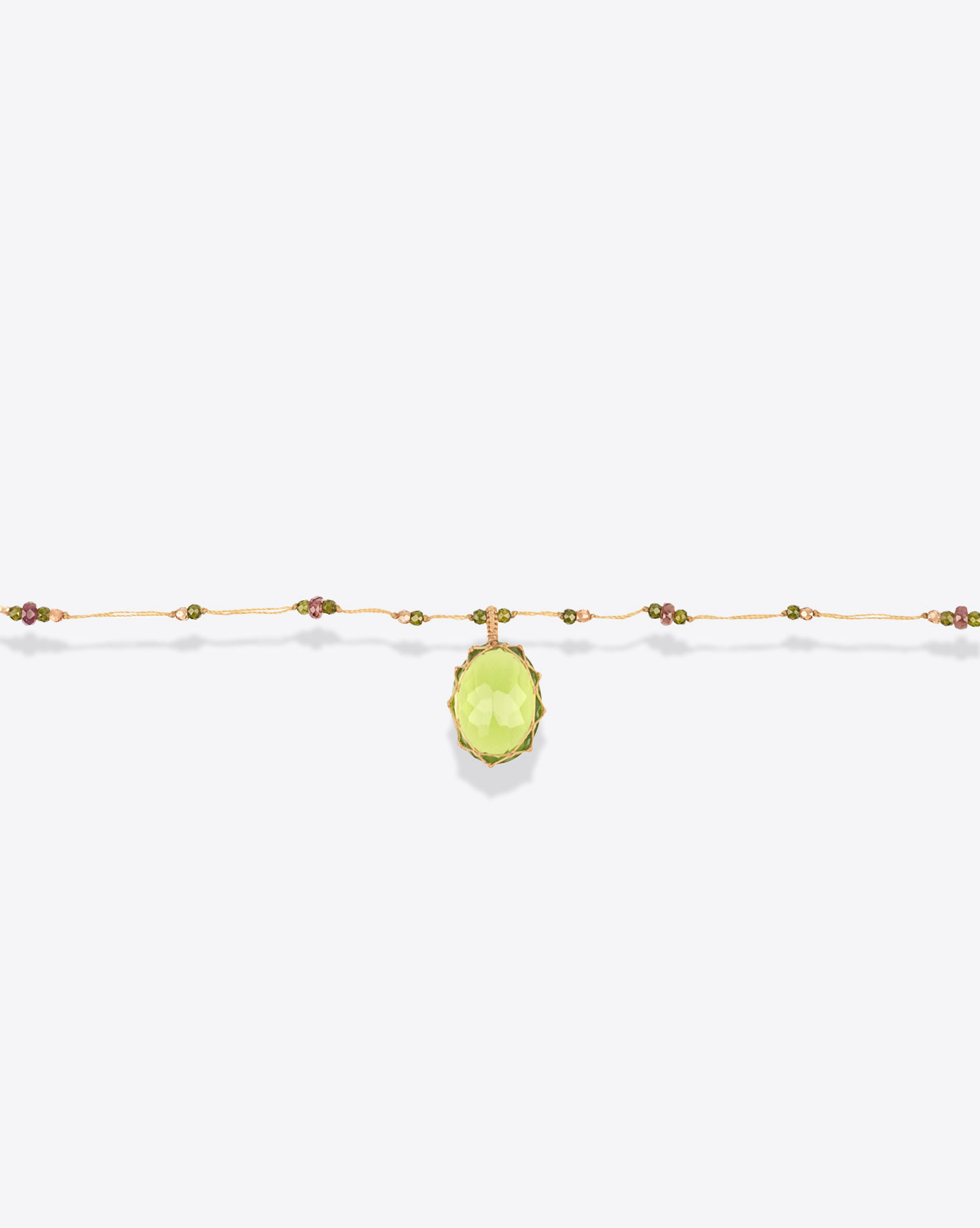 Collier Long Tibétain V Sharing avec pierre Indian Glass Peridot sur cordon beige. 