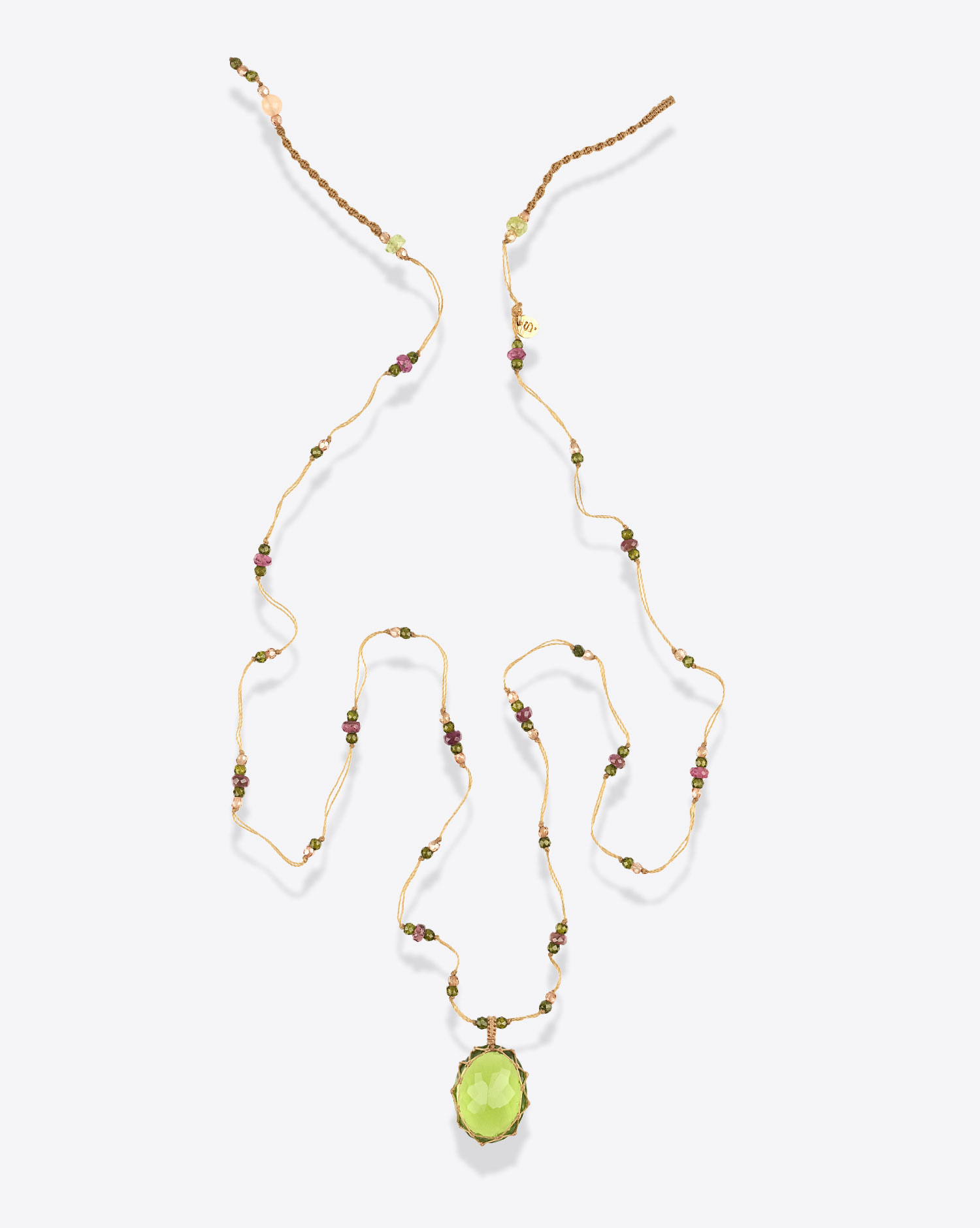 Collier Long Tibétain V Sharing avec pierre Indian Glass Peridot sur cordon beige. 