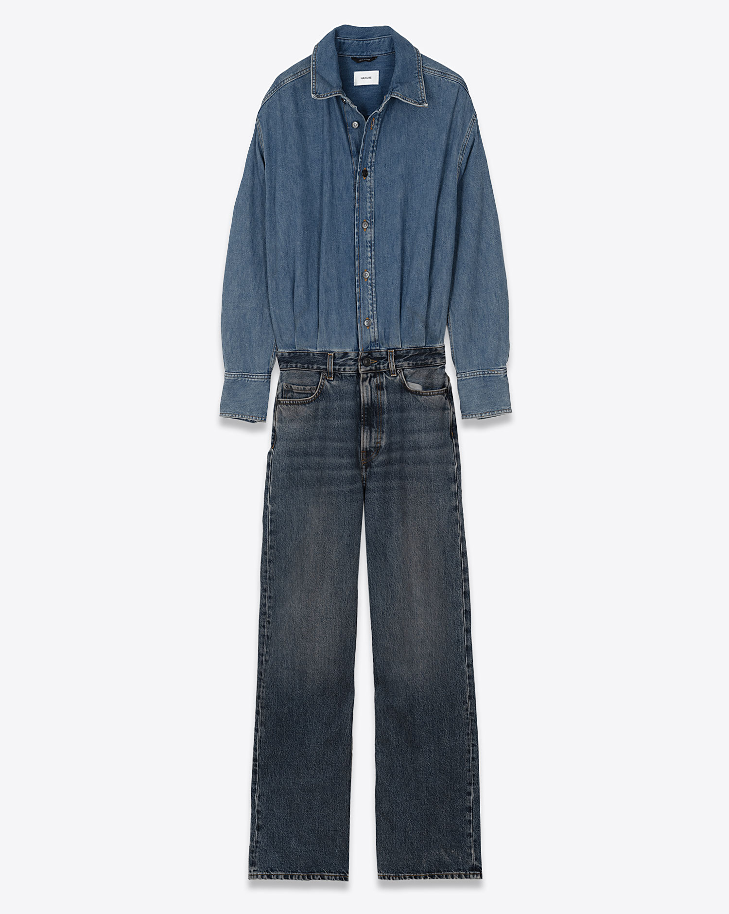 Combinaison pantalon Tessie Haikure en denim bleu. Vue face. 