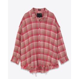 R13 Denim Collection Shredded Seam Drop Neck Shirt Pink Plaid