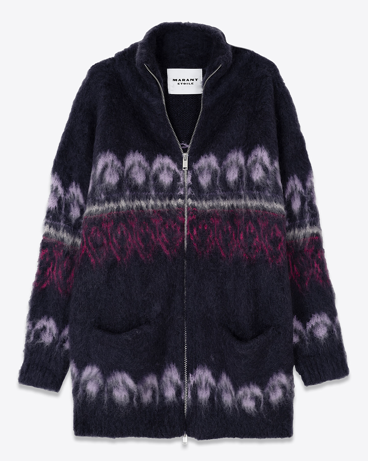 Manteau en maille col camionneur avec zip en laine et mohair marine jacquard violet et rose fuchsia Deloris Isabel Marant Etoile. Face.