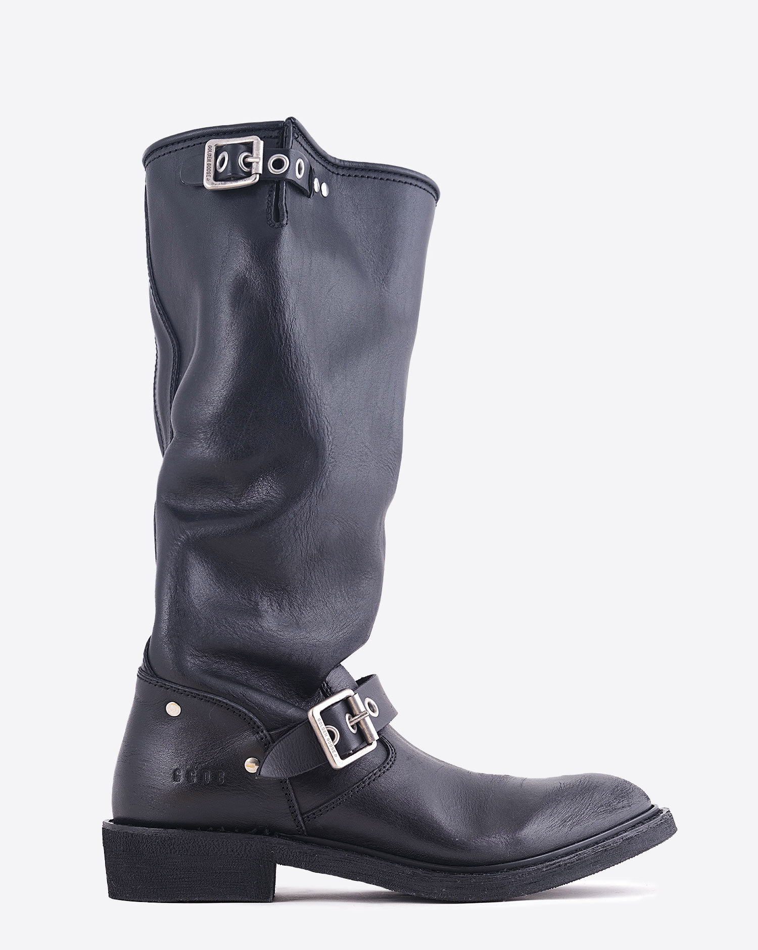 Bottes de biker en cuir noir sangles oeillets métal argenté Golden Goose. Profil.