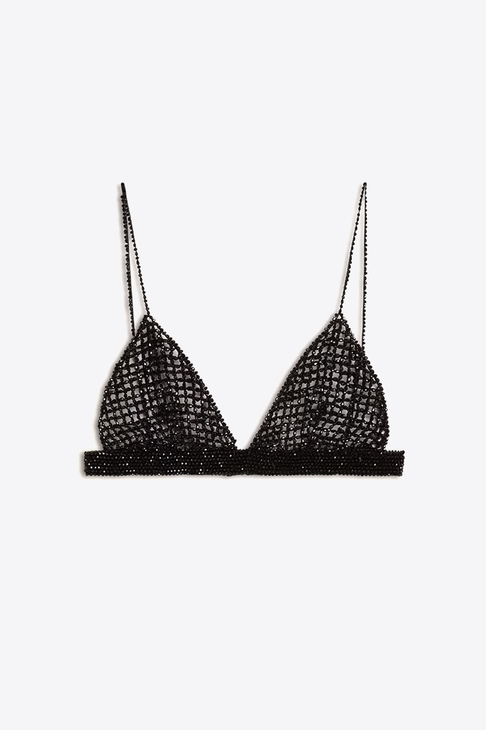 Soutien gorge triangle noir en crochet brodé de cristaux Golden Goose. Face.