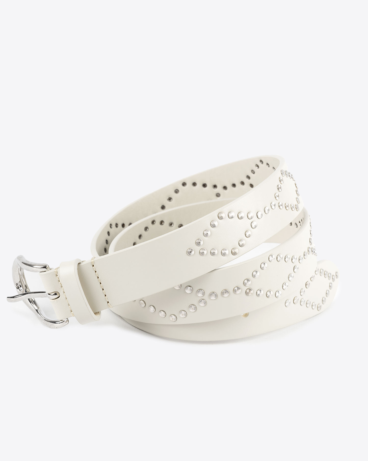 Ceinture en cuir écru clouté métal argenté Liliana Isabel Marant. Détail des clous argentés.