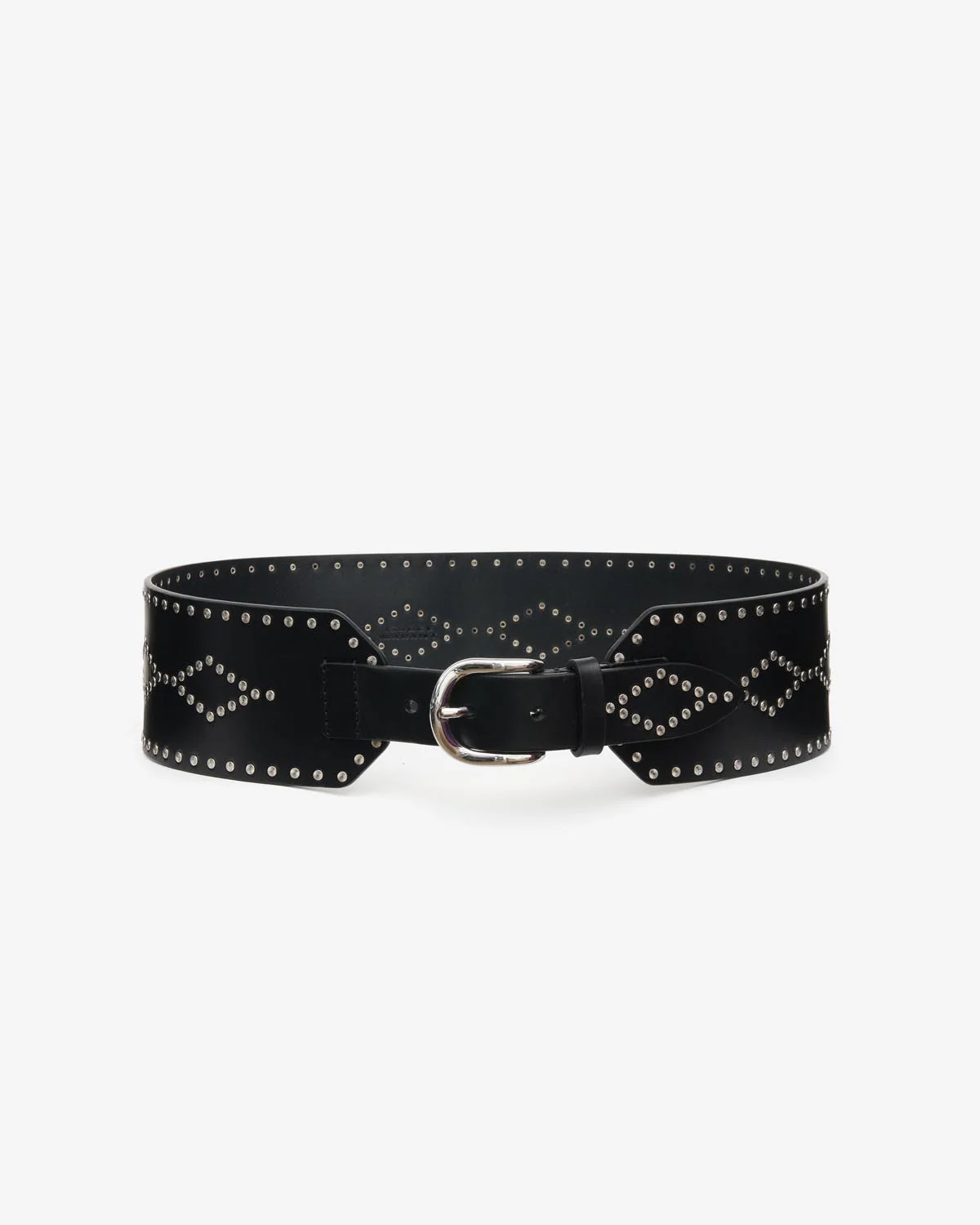 Ceinture large en cuir noir clouté argenté Lucie Isabel Marant. Face.