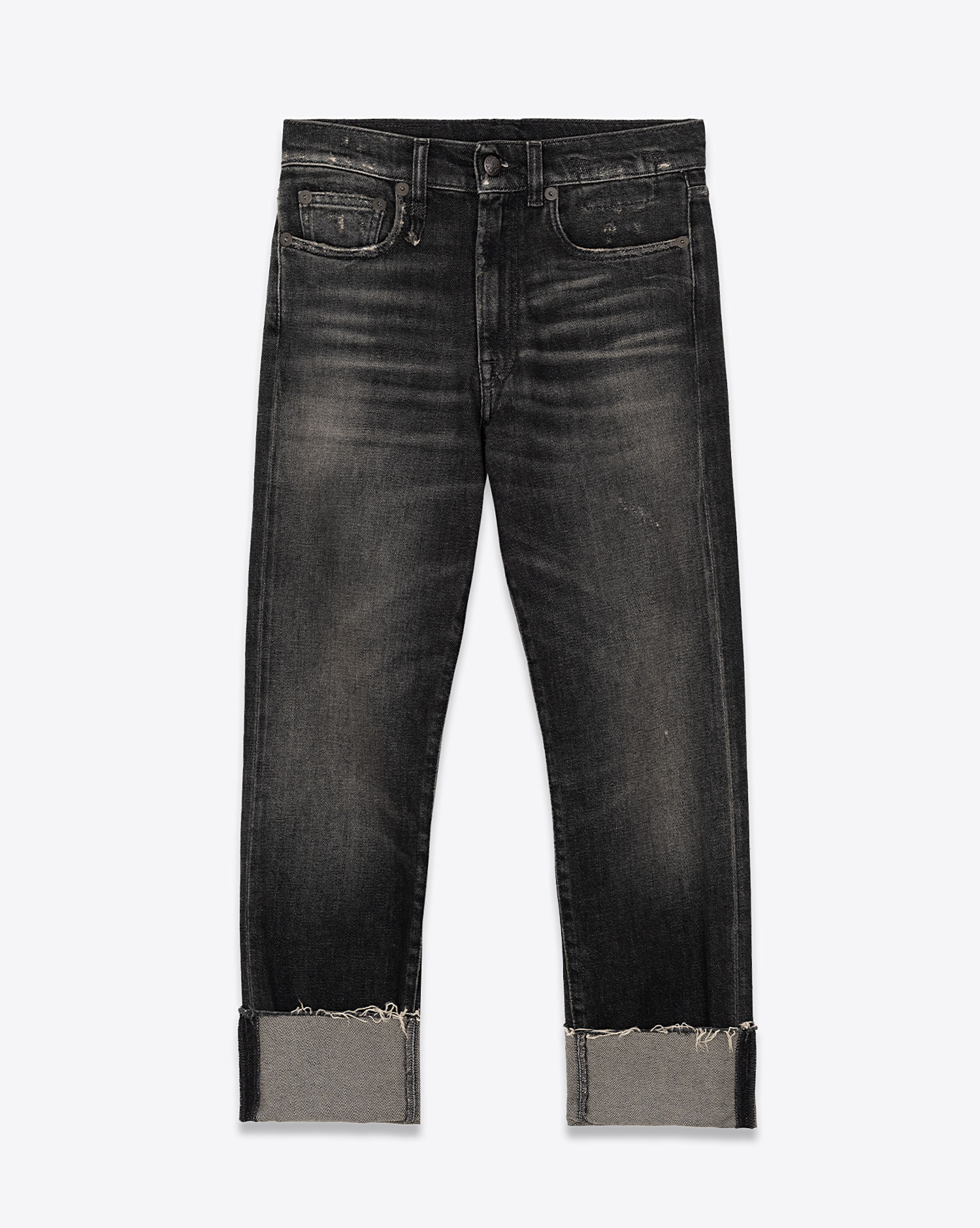 Jean Boyfriend R13 en denim délavé Abbey Black. Vue face avec ourlet revers. 