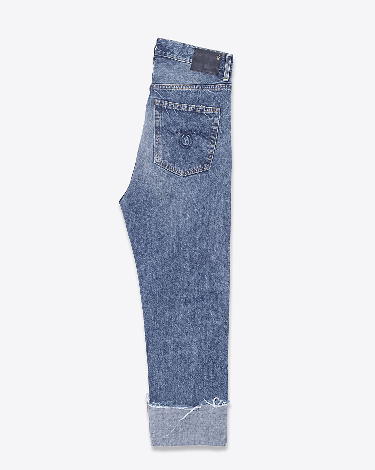 Jean baggy bleu délavé usé et déchiré délavage Hutton Blue Tailored Drop r13. Profil avec revers.