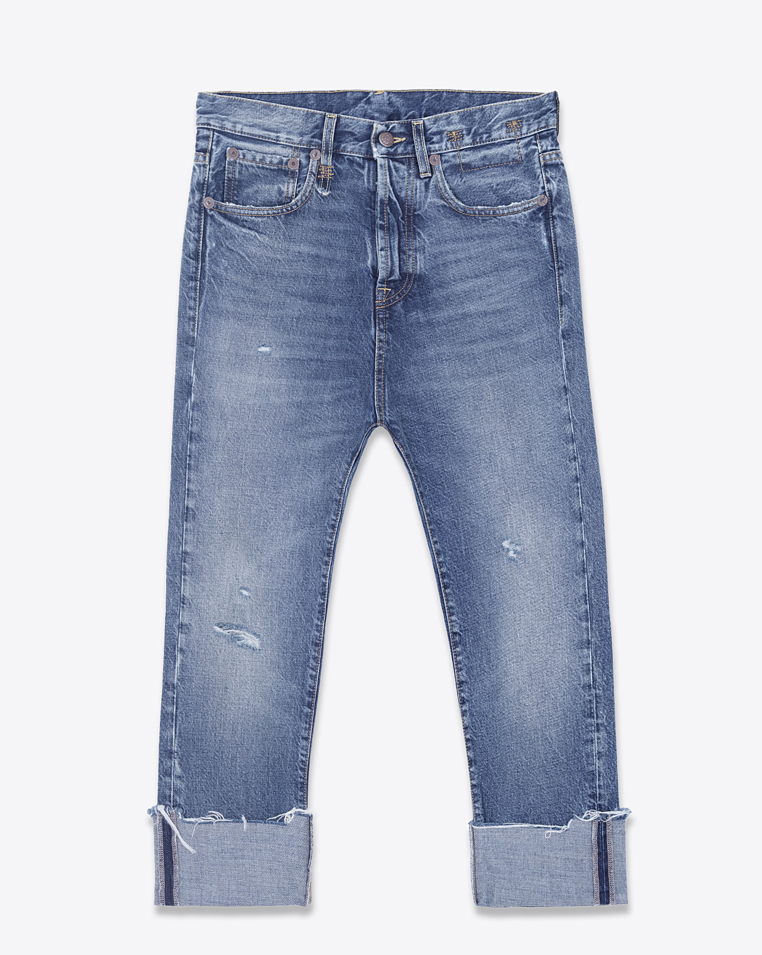 Jean baggy bleu délavé usé et déchiré délavage Hutton Blue Tailored Drop r13. Face avec revers.