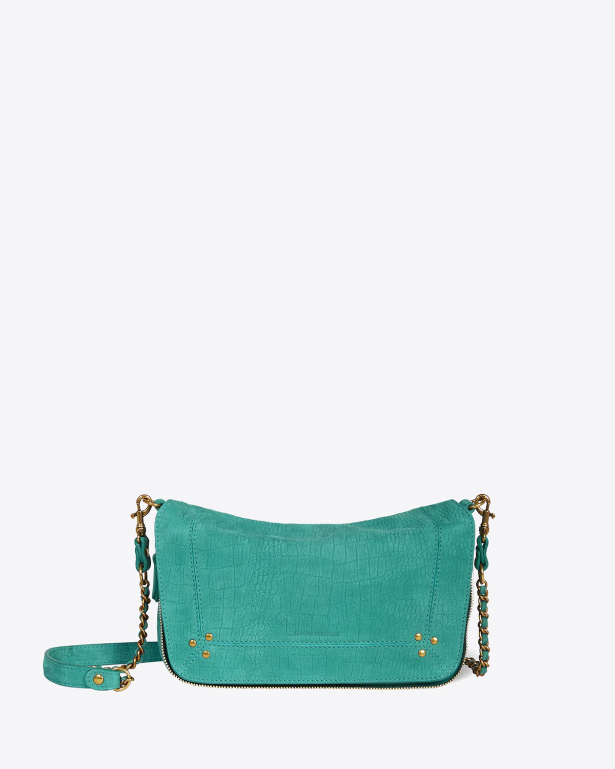 Petit sac Bobi S Jérôme Dreyfuss en cuir croco vert. Vue face. 