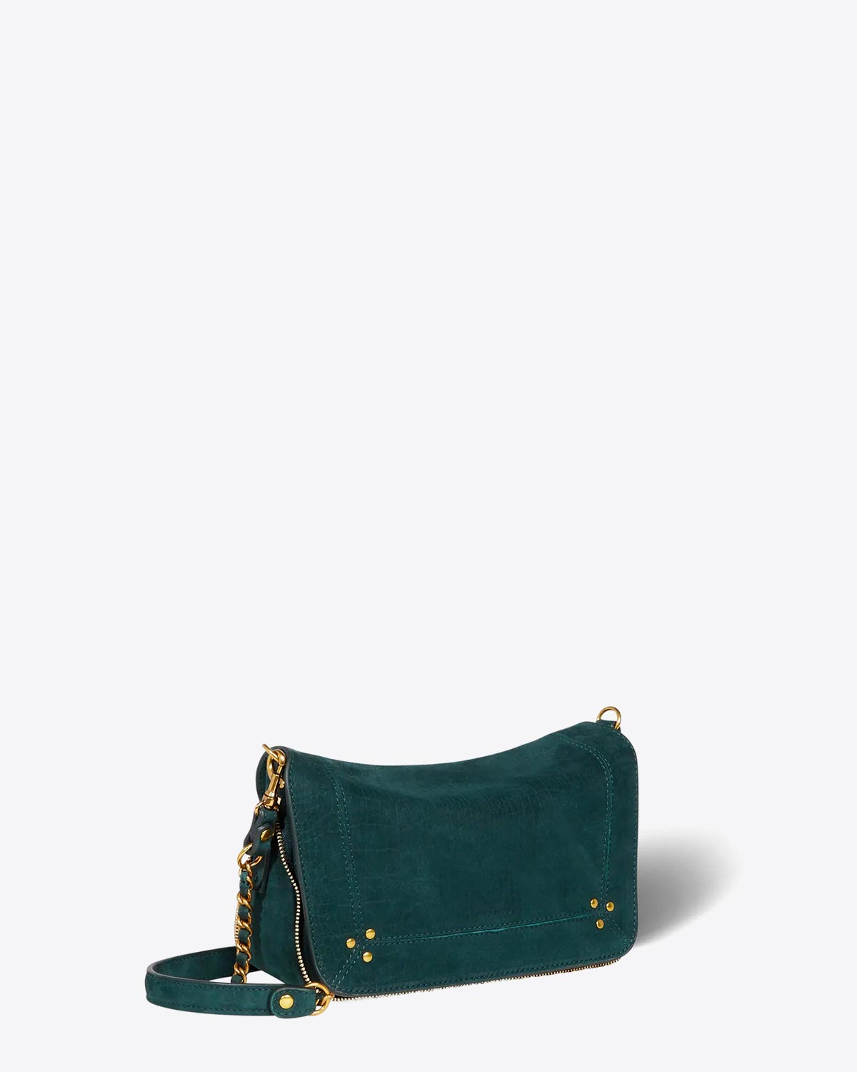 Petit sac Bobi S Jérôme Dreyfuss en cuir imprimé croco vert foncé. Vue profil. 