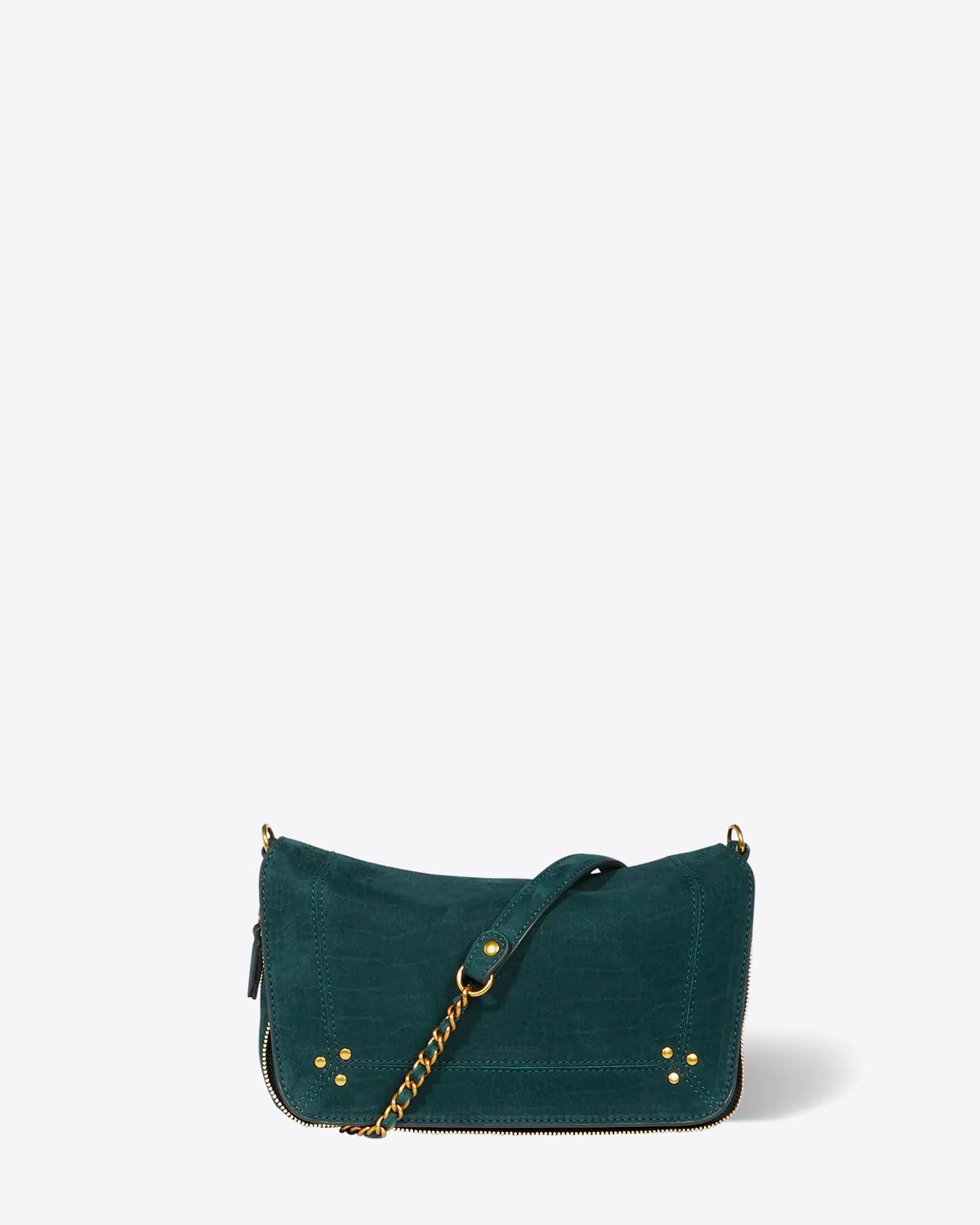 Petit sac Bobi S Jérôme Dreyfuss en cuir imprimé croco vert foncé. Vue face.