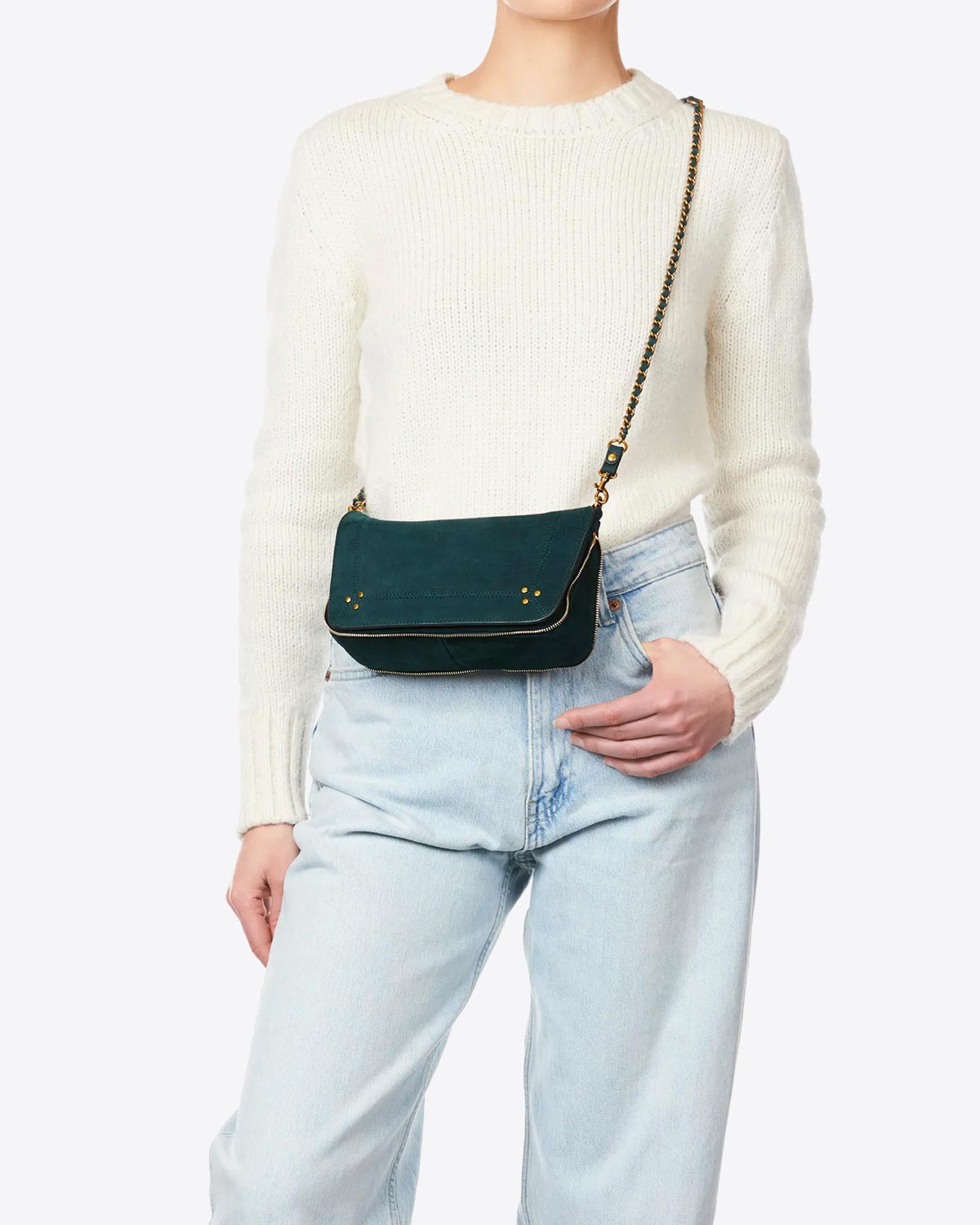 Petit sac Bobi S Jérôme Dreyfuss en cuir imprimé croco vert foncé. Porté en crossbody. 