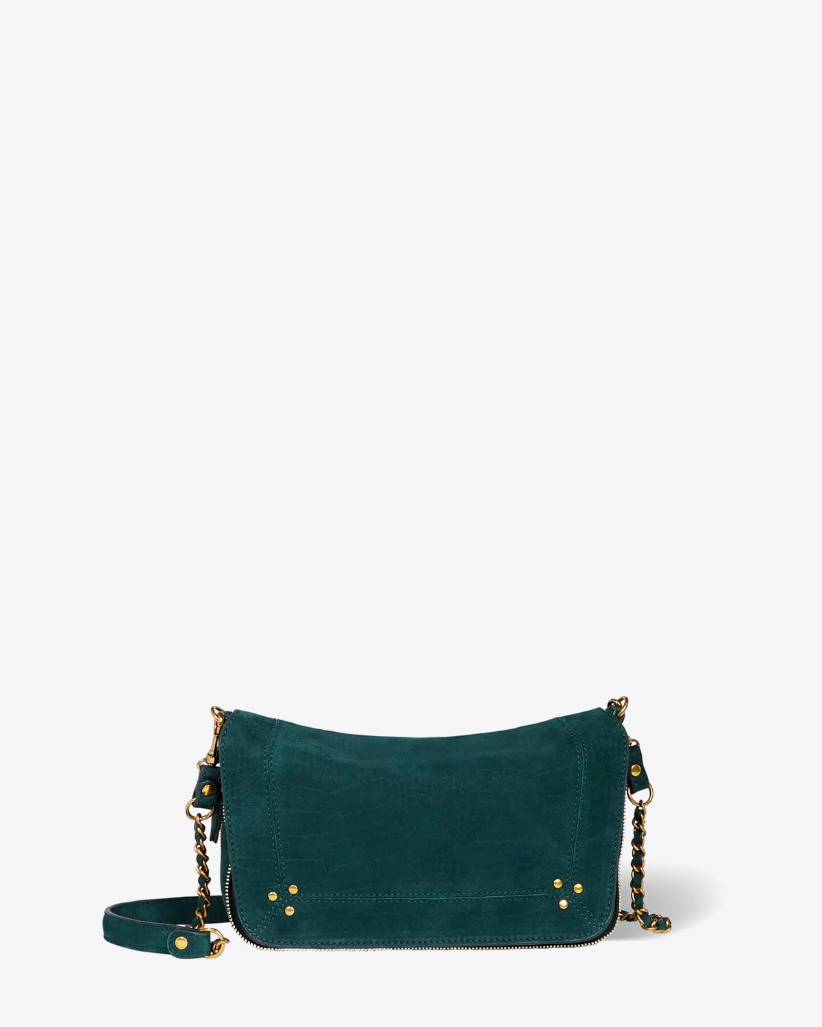 Petit sac Bobi S Jérôme Dreyfuss en cuir imprimé croco vert foncé. Vue face.