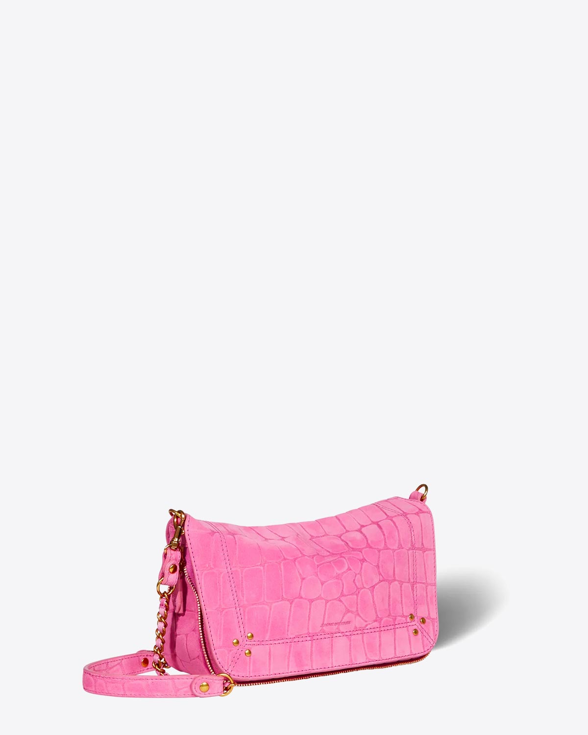 Petit sac Jérôme Dreyfuss Bobi S en cuir imprimé croco rose. Vue de profil. 