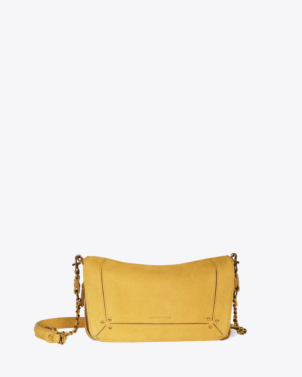 Petit sac Bobi S Jérôme Dreyfuss en cuir suédé nubuck jaune. Vue face. 