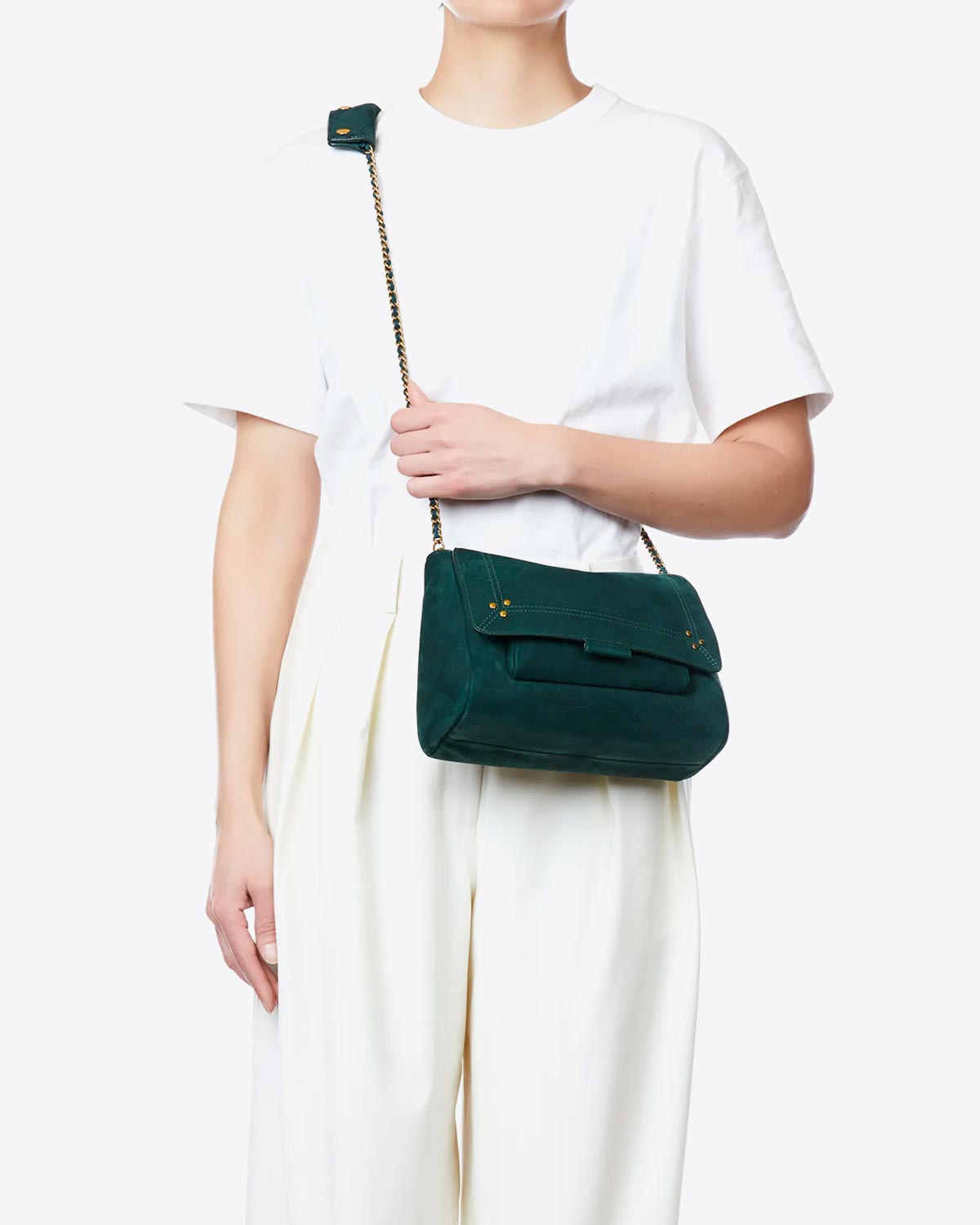 Sac Lulu M Jérôme Dreyfuss en cuir imprimé croco vert. Porté crossbody avec la bandoulière. 