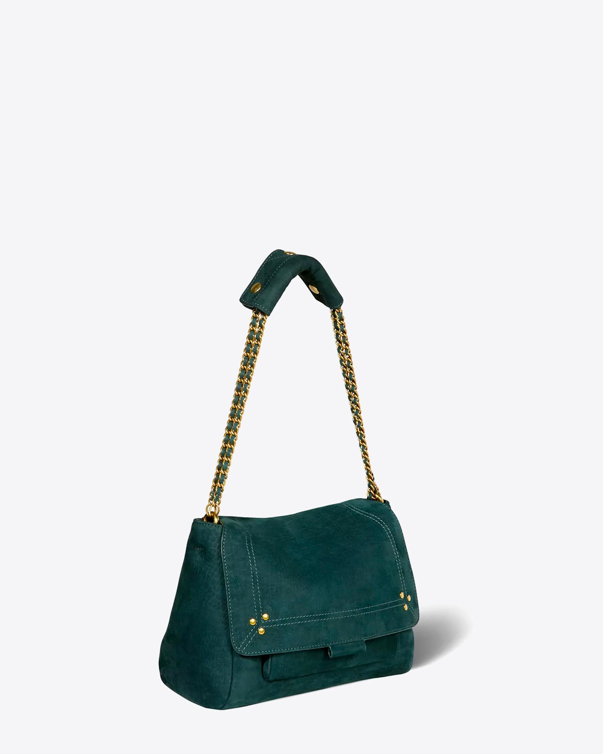 Sac Lulu M Jérôme Dreyfuss en cuir imprimé croco vert. Vue profil avec bandoulière. 