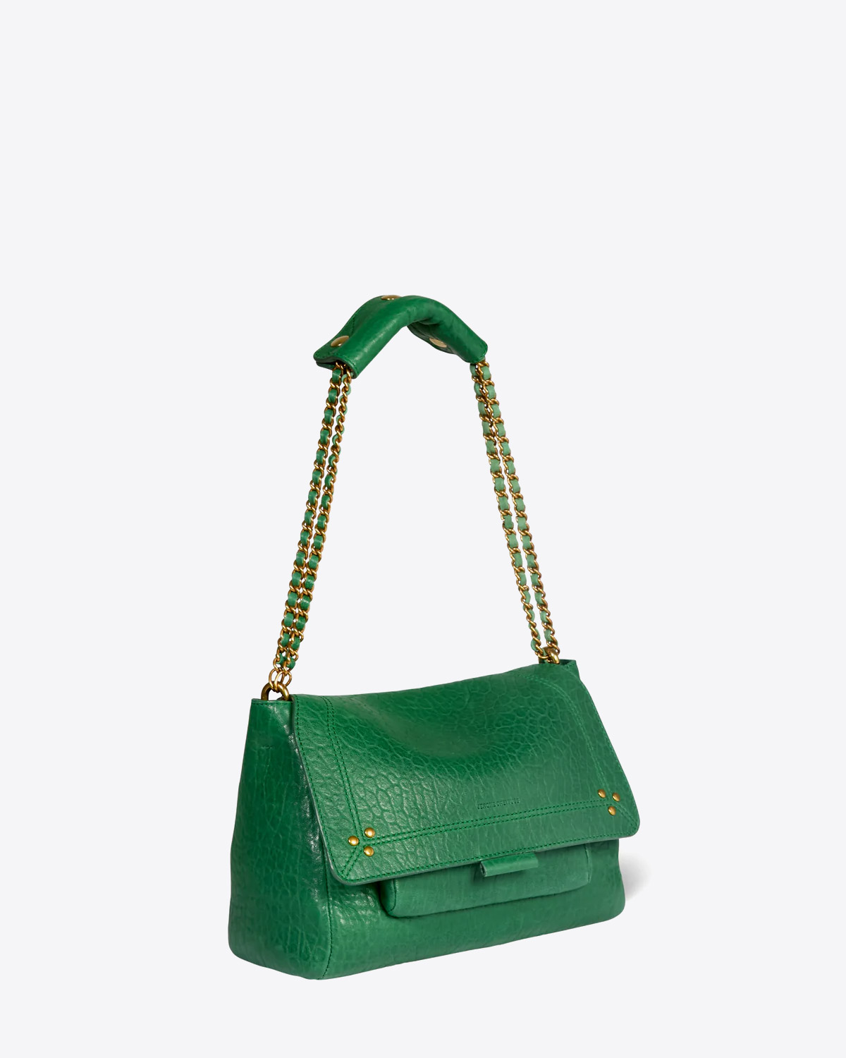 Sac moyen format Jérôme Dreyfuss en cuir vert. Vue profil. 