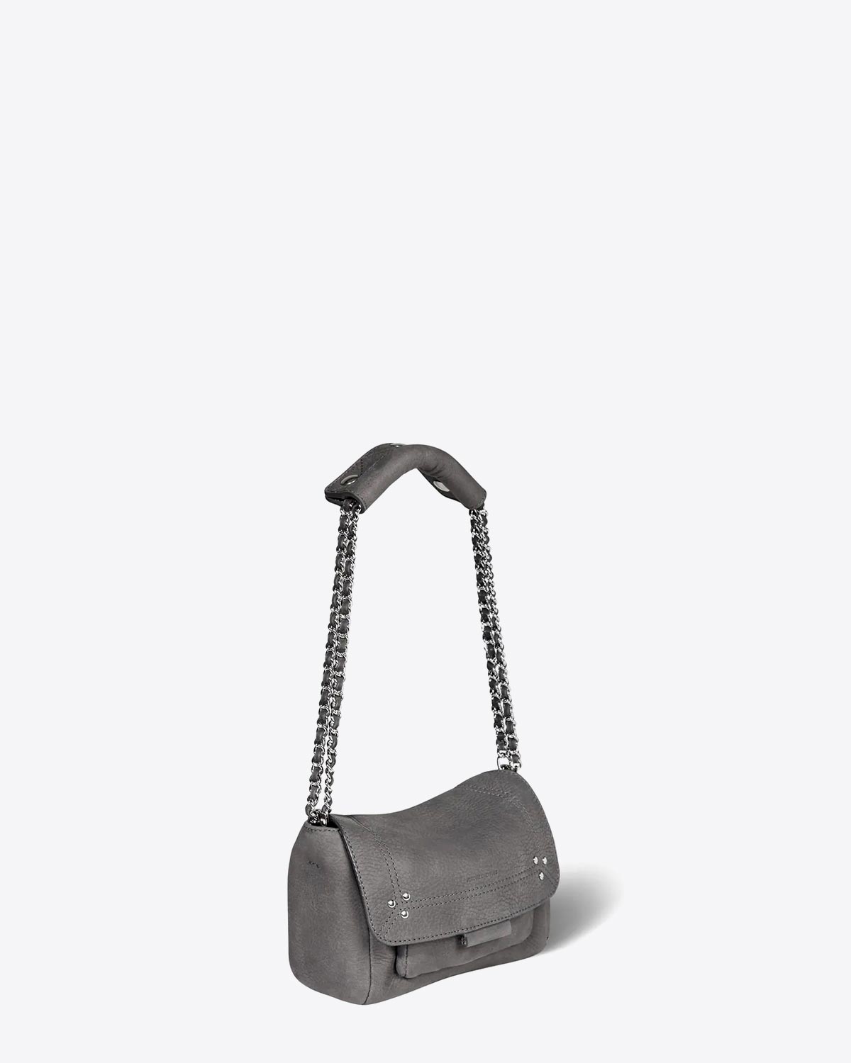 Petit sac besace Lulu S Jérôme Dreyfuss en Cuir Anthracite. Vue profil avec bandoulière épaule. 