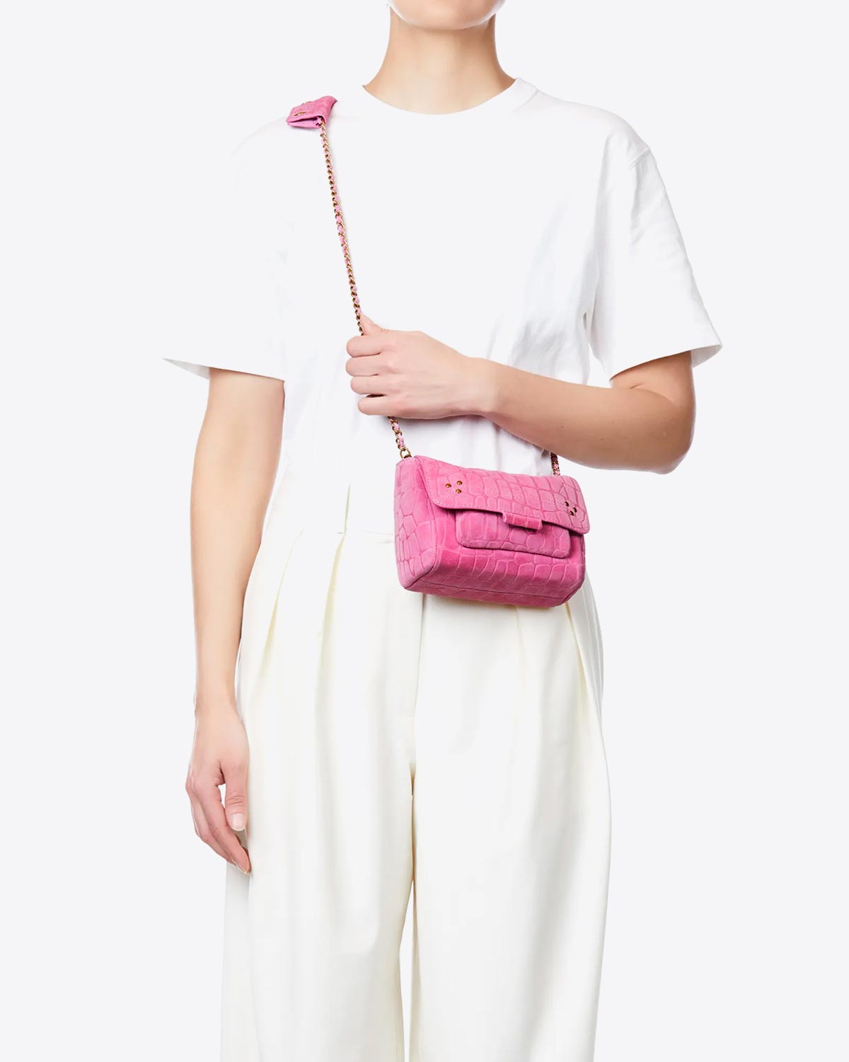 Sac Lulu S Jérôme Dreyfuss en cuir imprimé croco rose. Porté crossbody. 