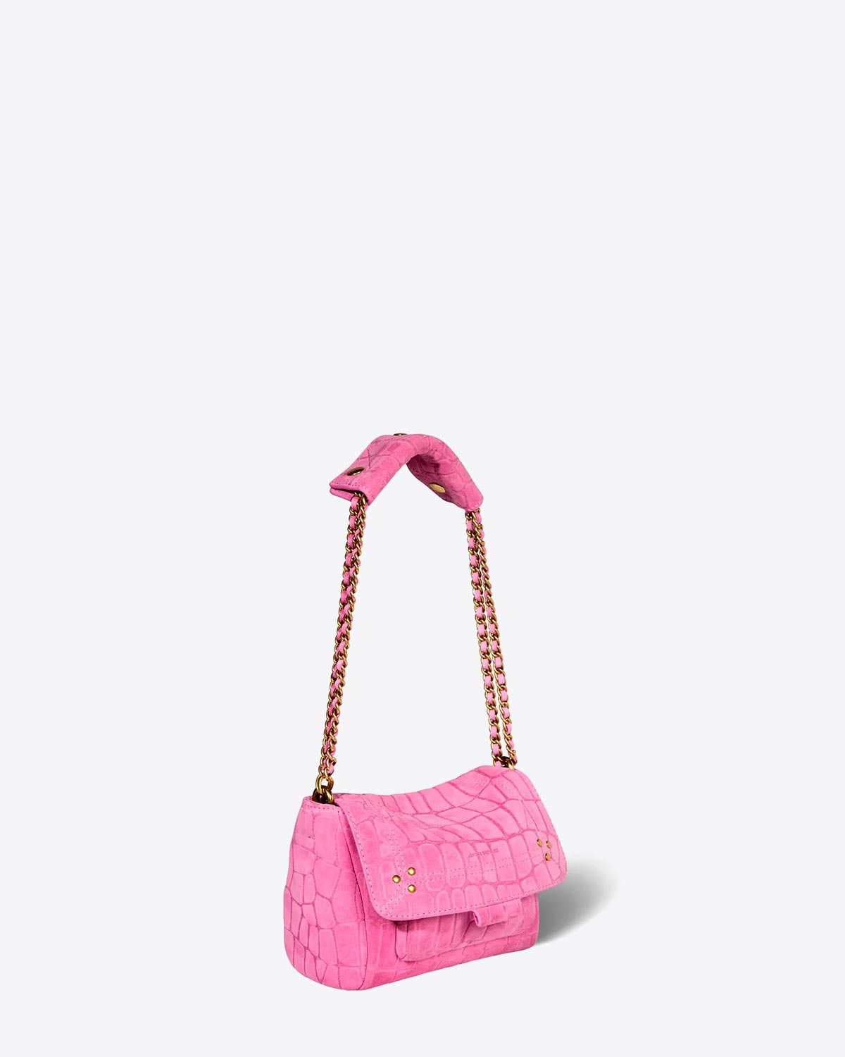 Sac Lulu S Jérôme Dreyfuss en cuir imprimé croco rose. Vue profil avec bandoulière. 