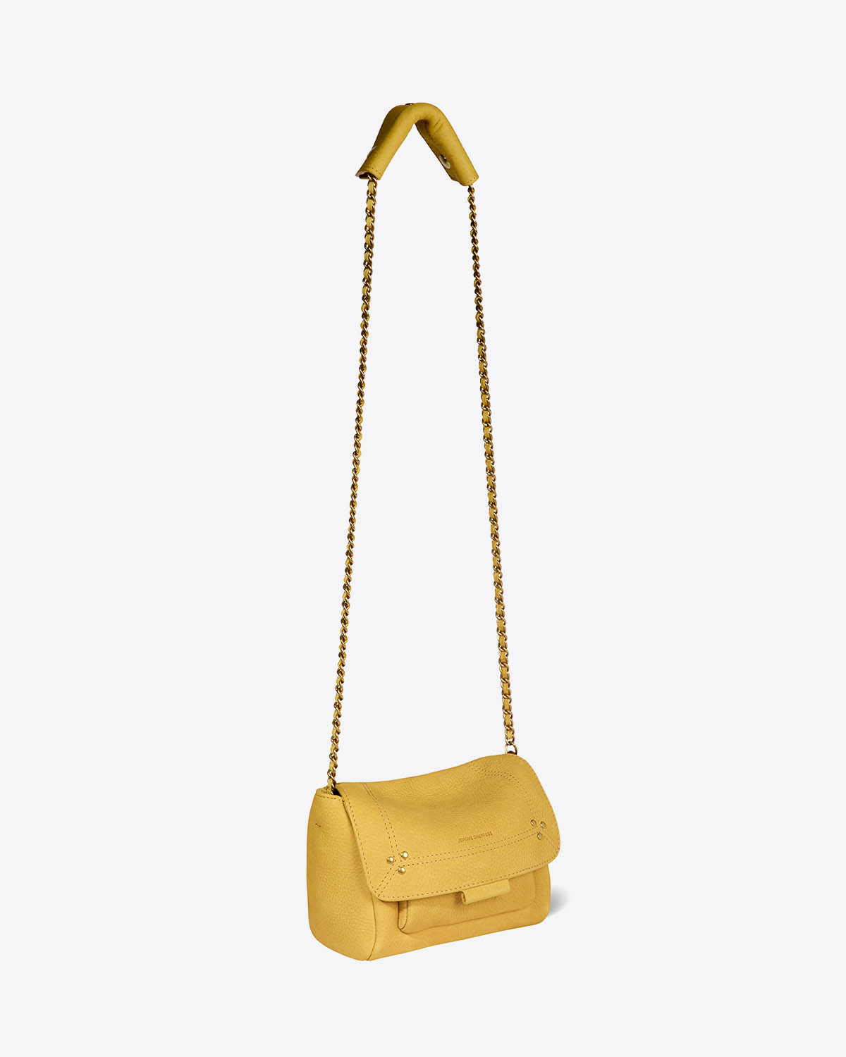 Petit Sac Lulu S Jérôme Dreyfuss en cuir suédé jaune. Vue profil. 
