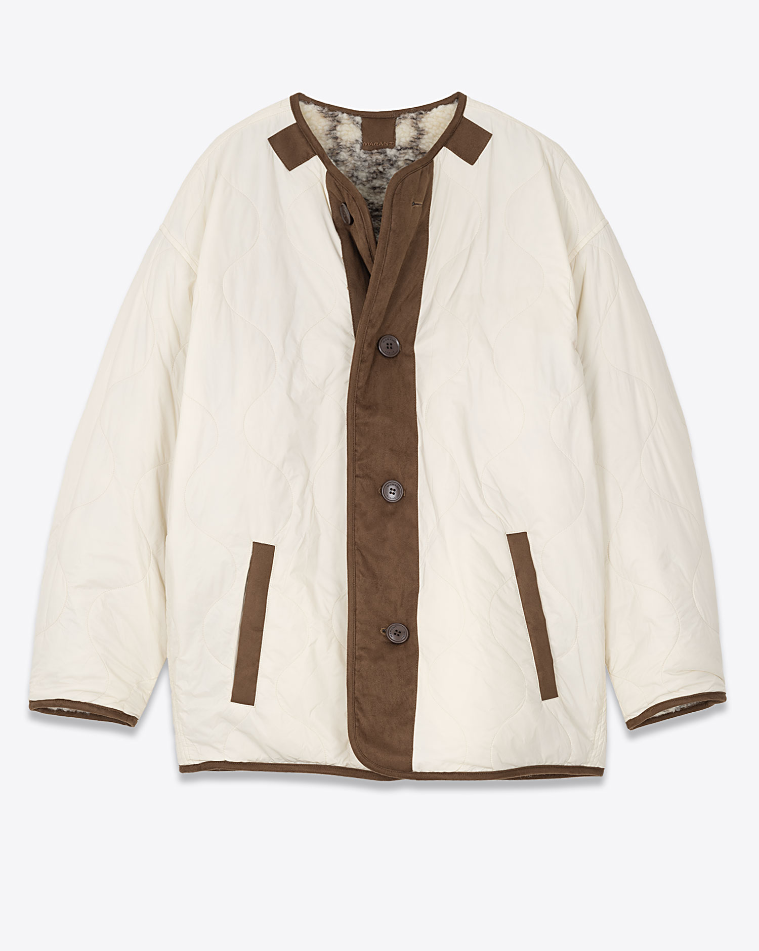 Manteau réversible effet mouton imprimé et nylon écru Memma Marant Etoile. vue côté écru.