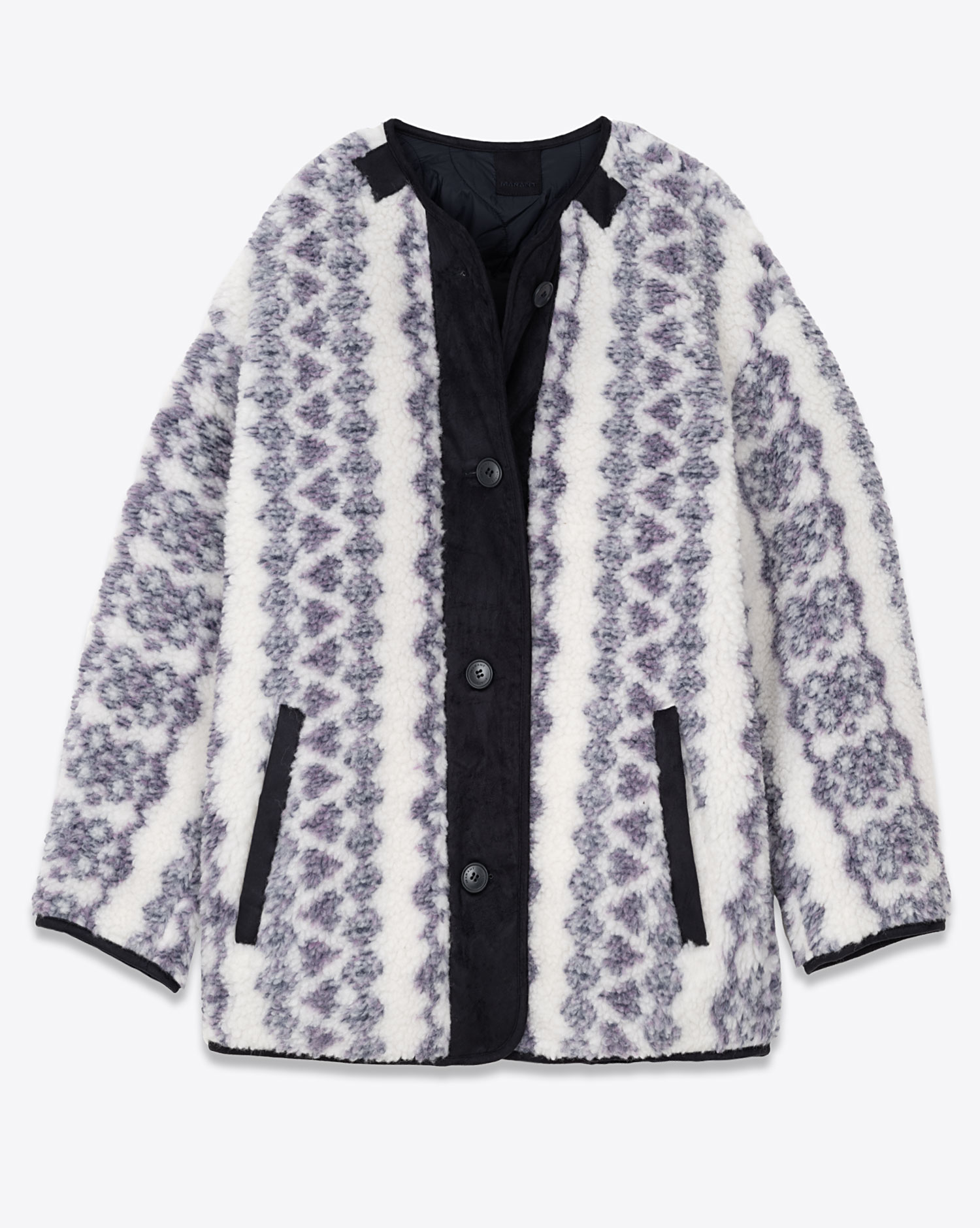 Manteau réversible effet mouton imprimé écru violet matelassé marine Memma Isabel Marant Etoile. Face imprimée.