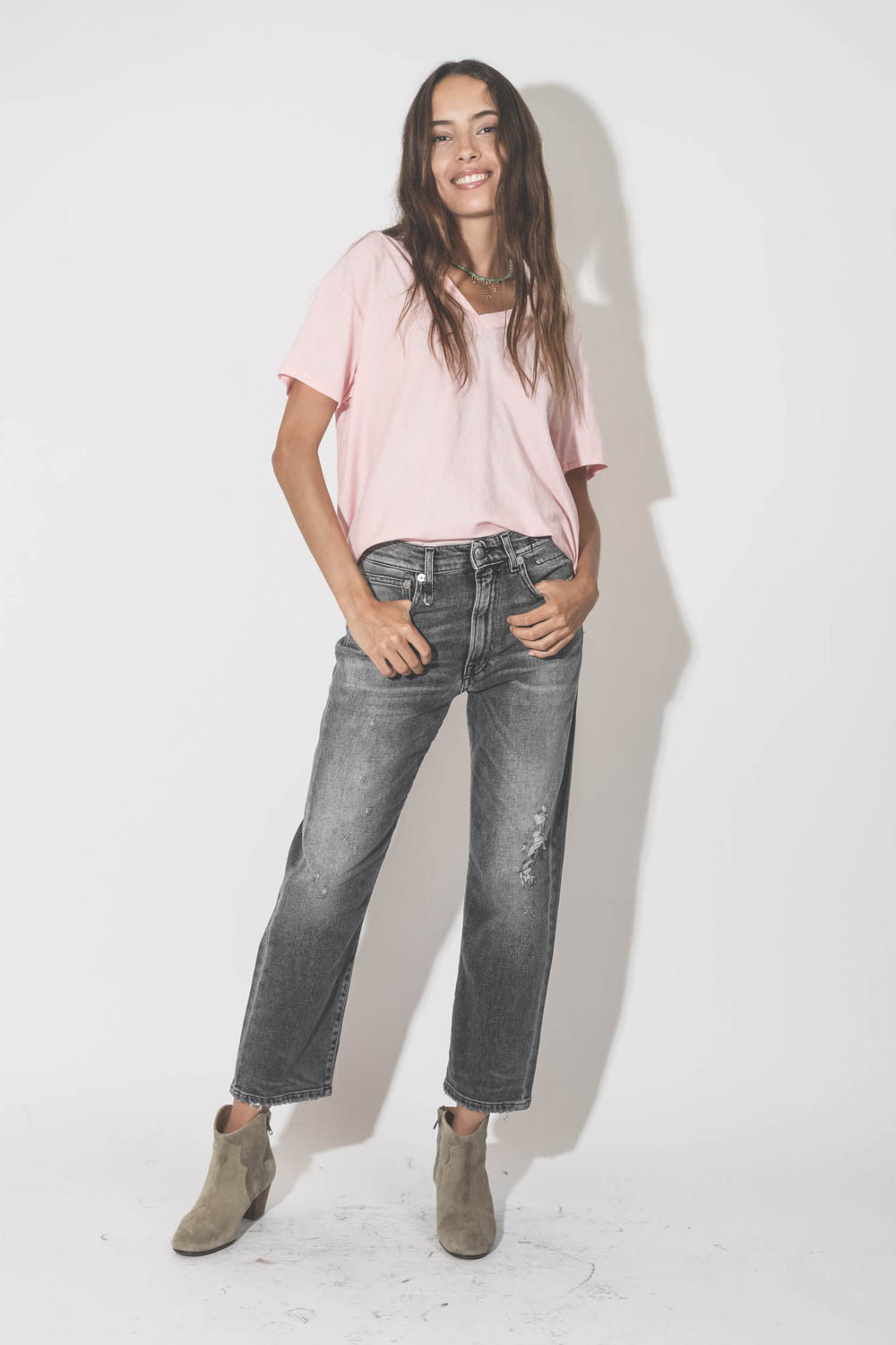 R13 Denim Tee Shirt V Neck Boxy Rose Clair