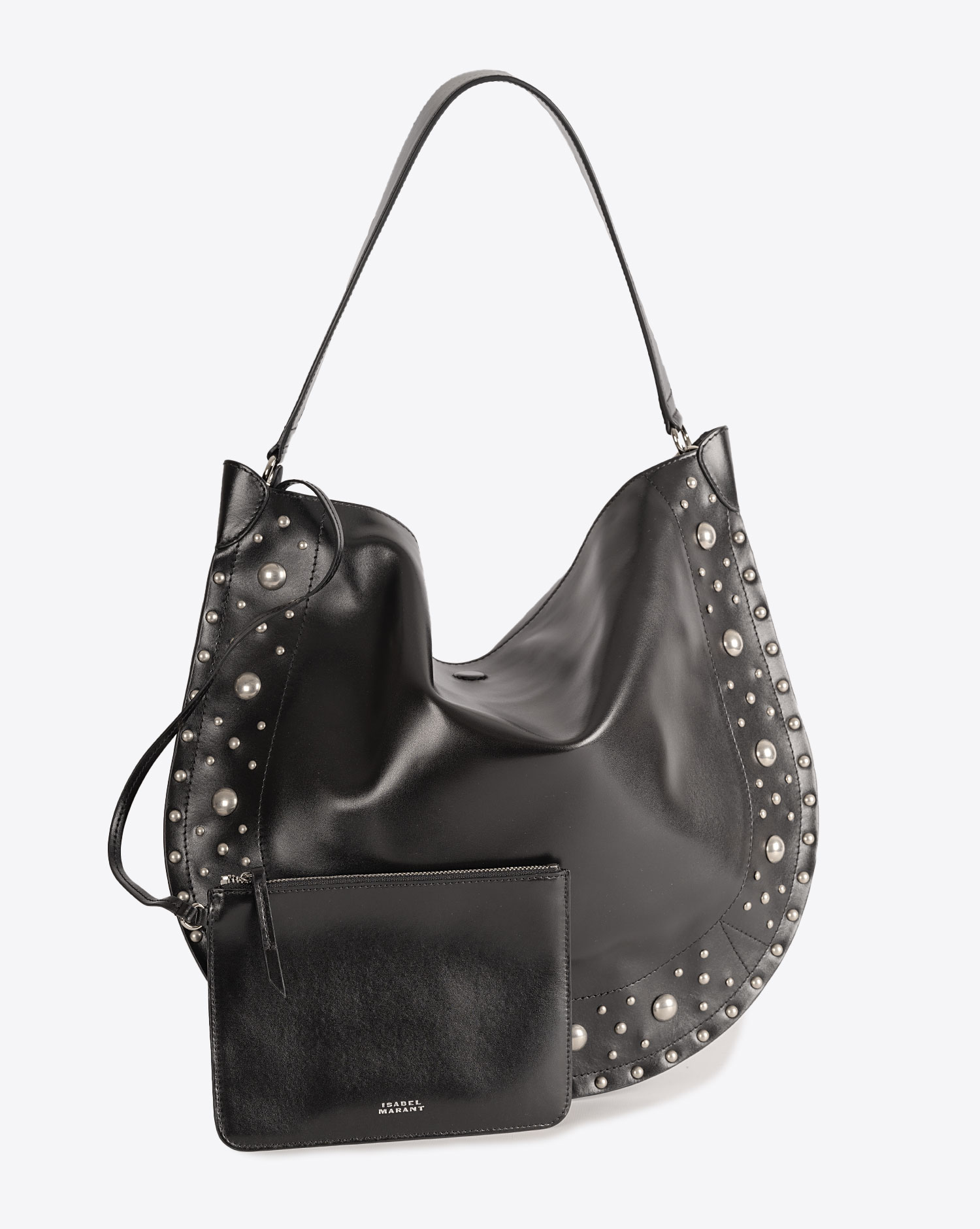 Sac besace Oskan Hobo Soft Isabel Marant en cuir  noir et clous argentés. Vue face avec pochette
