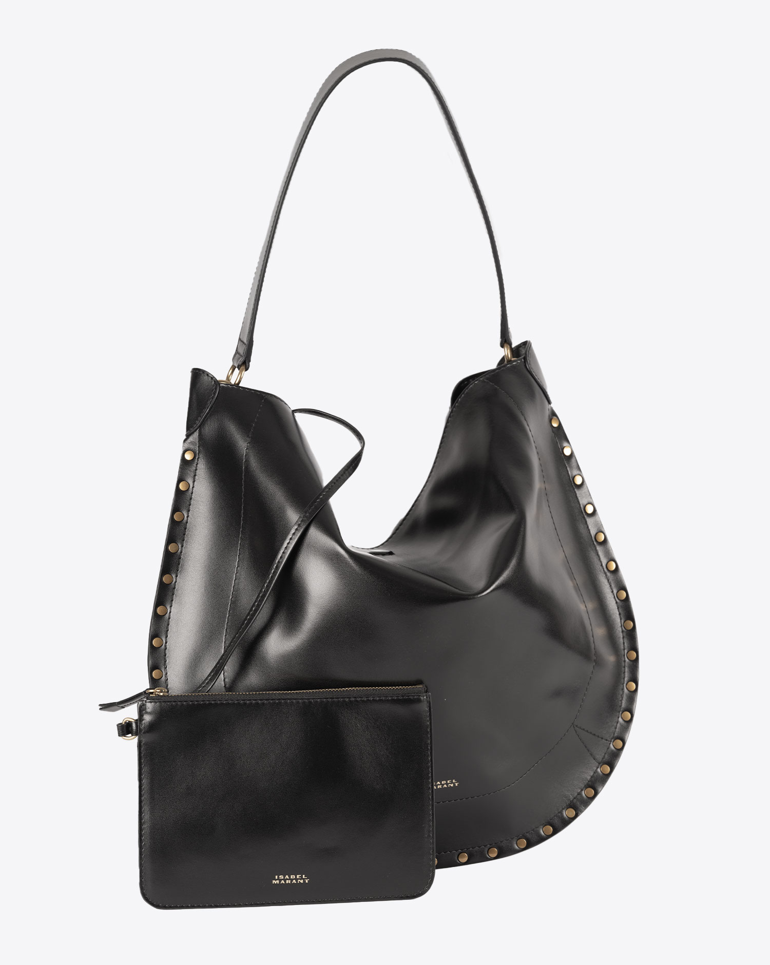 Sac besace Oskan Hobo Soft Isabel Marant en cuir noir. Vue face avec pochette. 