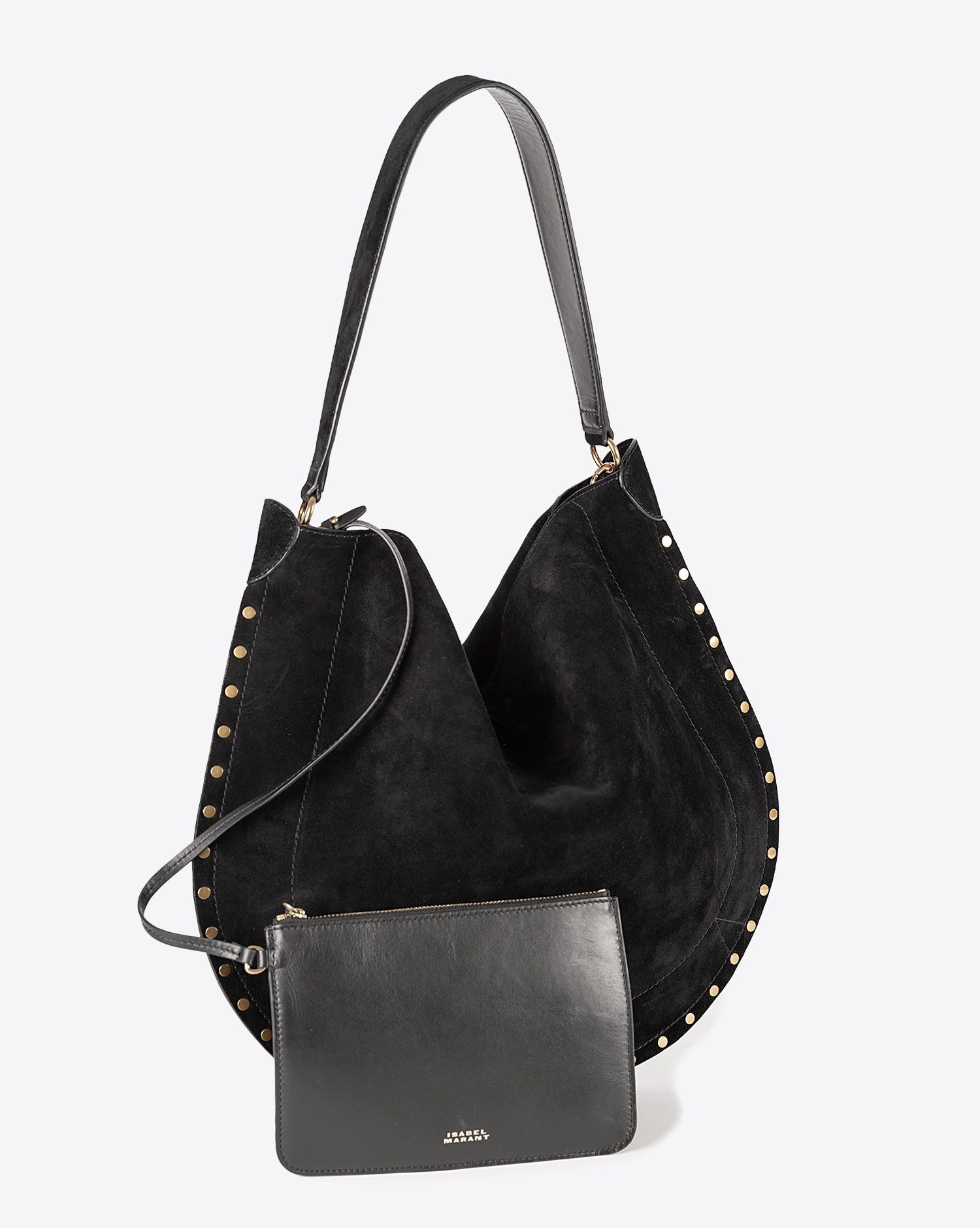 Sac besace Oskan Hobo Soft Isabel Marant en cuir suédé noir. Vue face avec pochette.