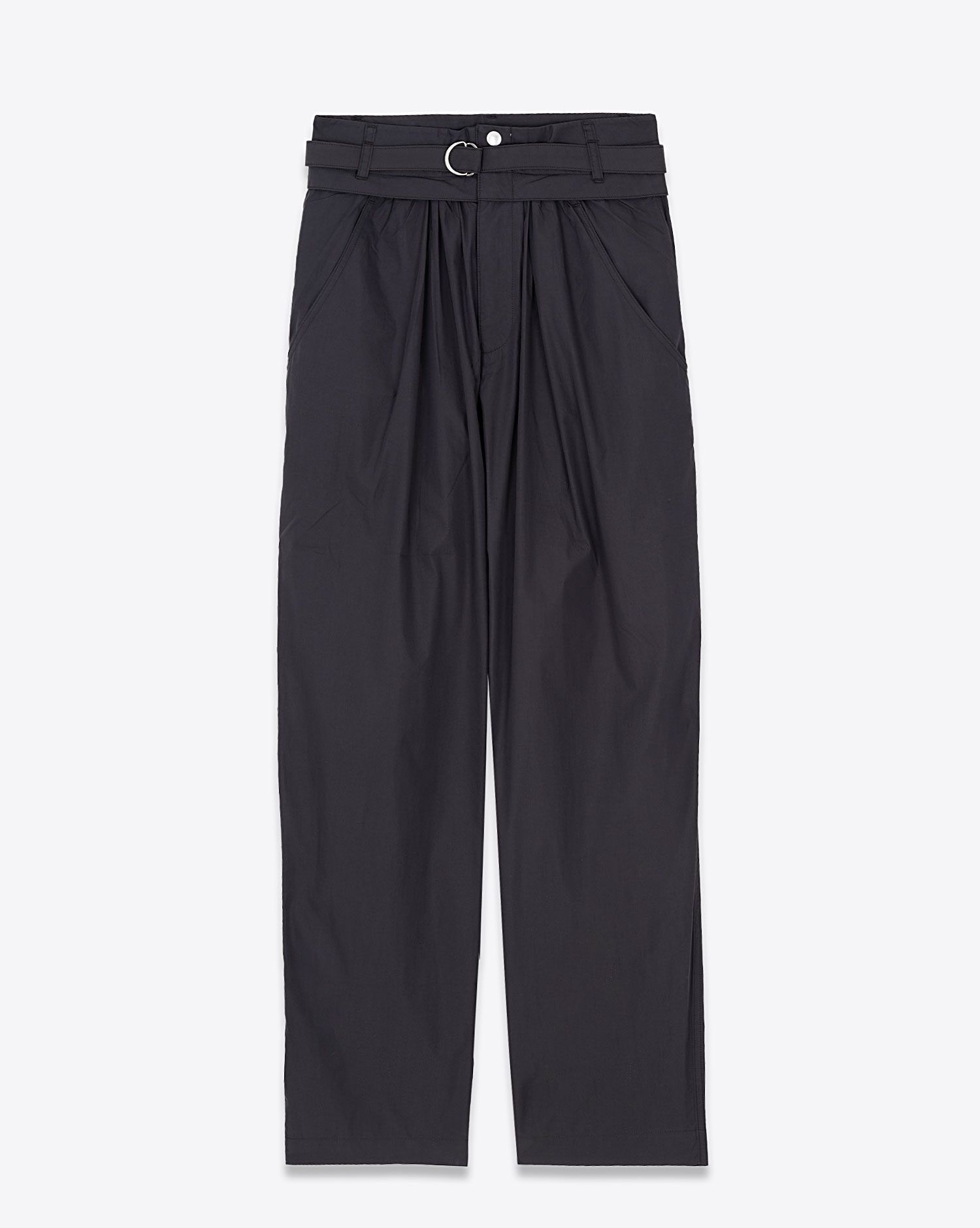 Pantalon large taille haute à pinces avec ceinture en toile de coton mélangé léger et craquant noir délavé Celia Isabel Marant Etoile. Face. 