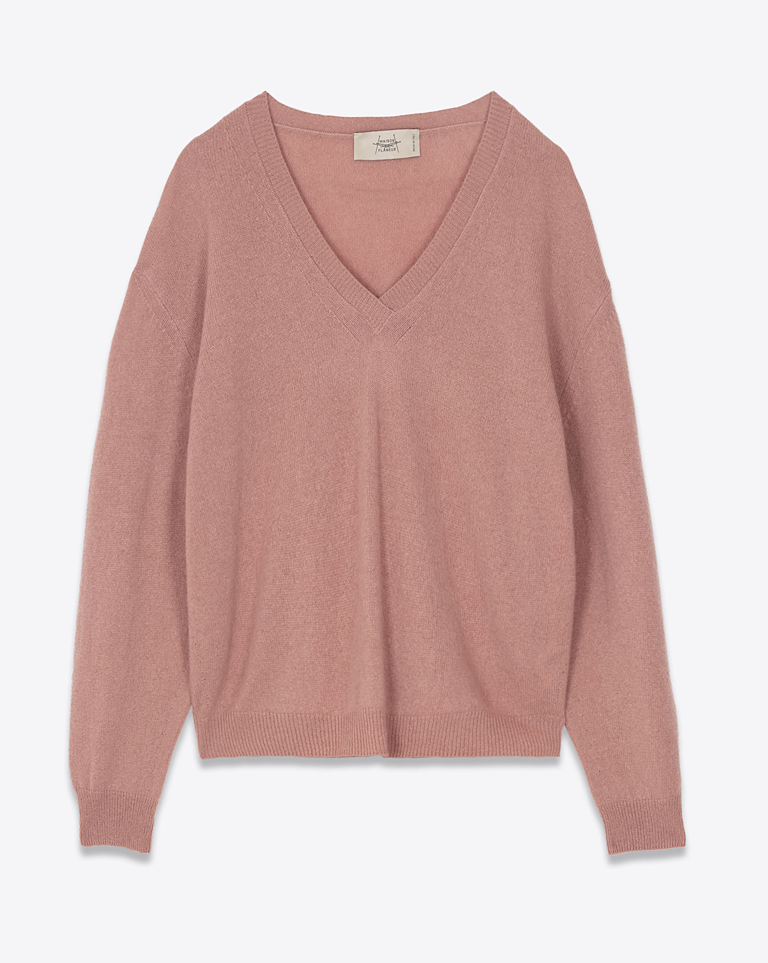 Pull manches longues Col V Maison Flaneur rose. Vue face. 