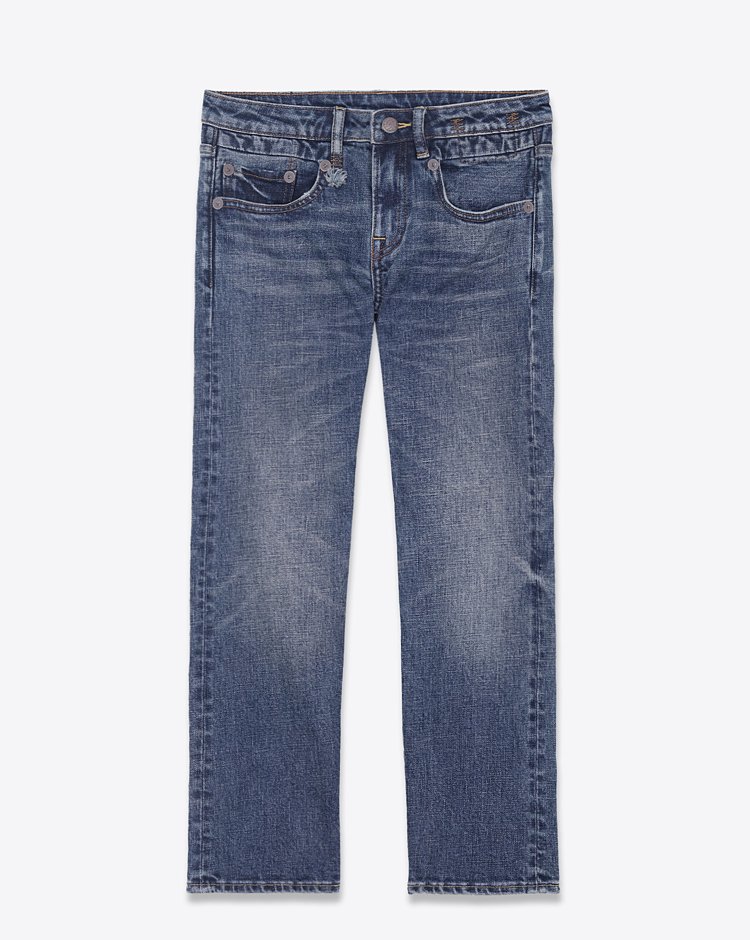 Jean skinny taille basse Boy Straight délavage bleu Mire Blue Stretch R13. Face.