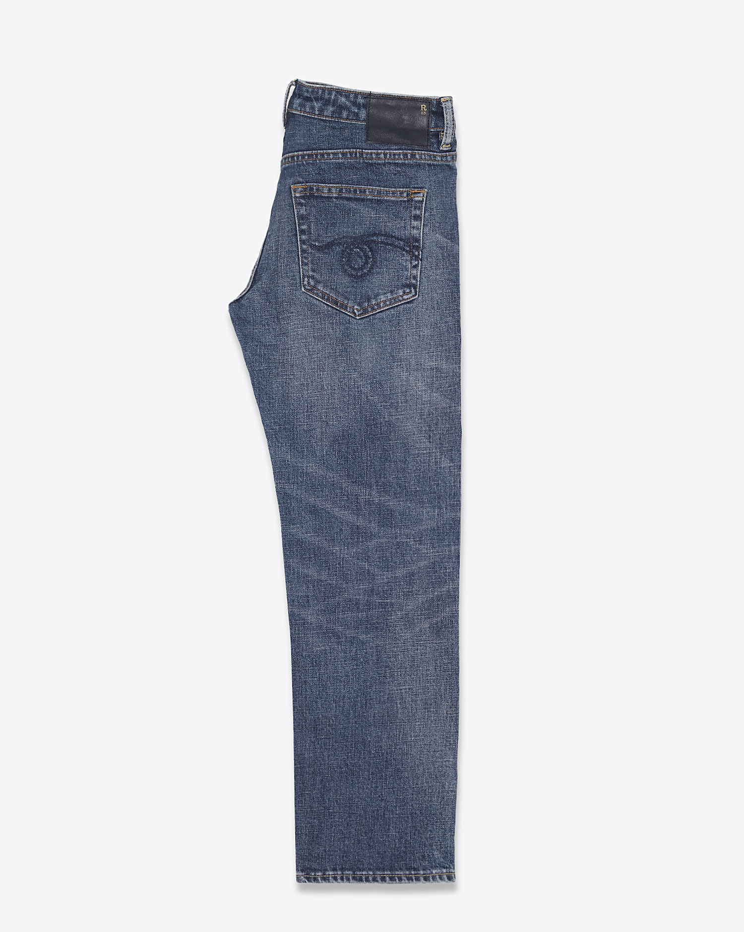 Jean skinny taille basse Boy Straight délavage bleu Mire Blue Stretch R13. Profil.