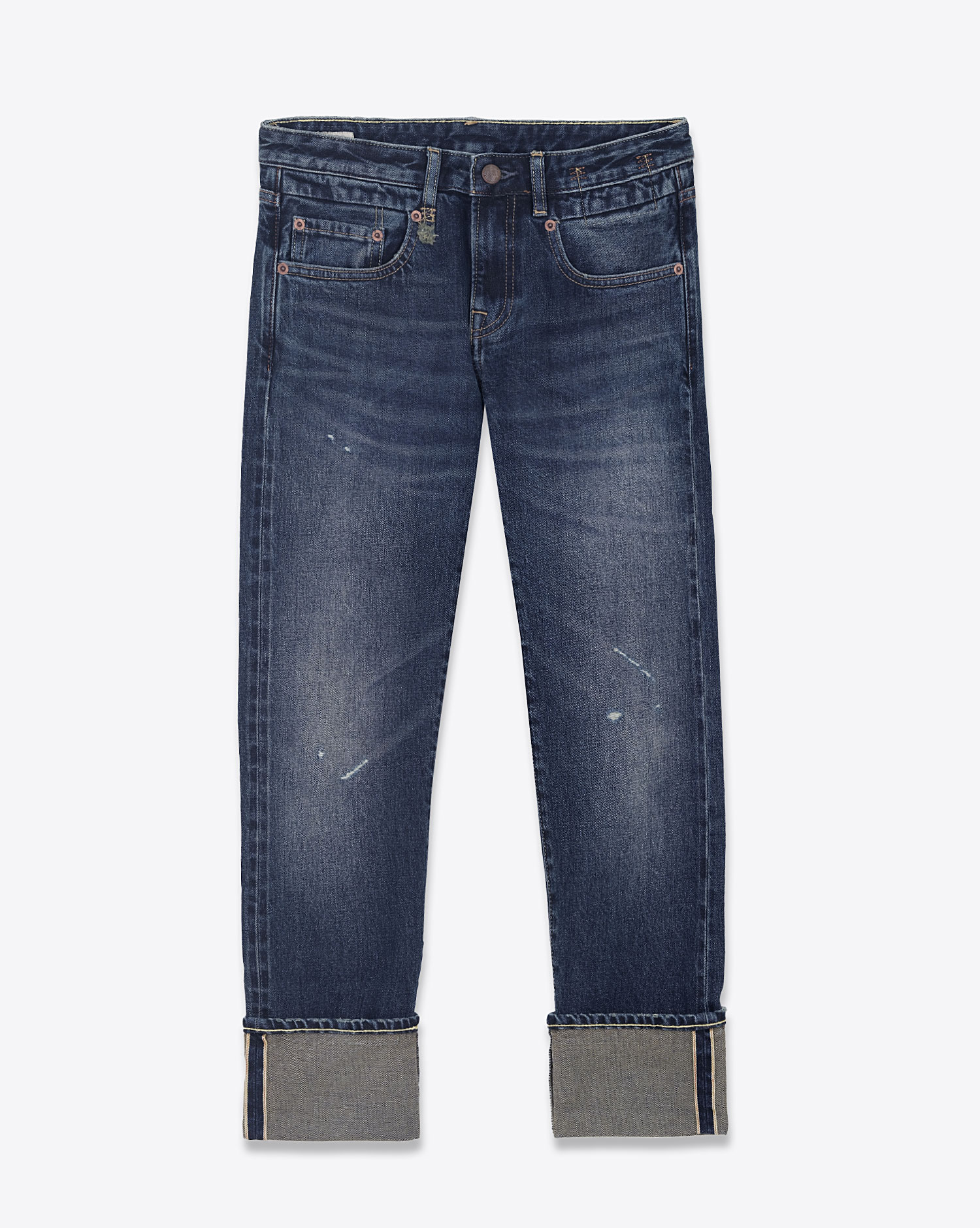 Jean taille basse Boy Straight délavage bleu Winnett Selvedge blue R13 denim. Face. Détail du revers. 