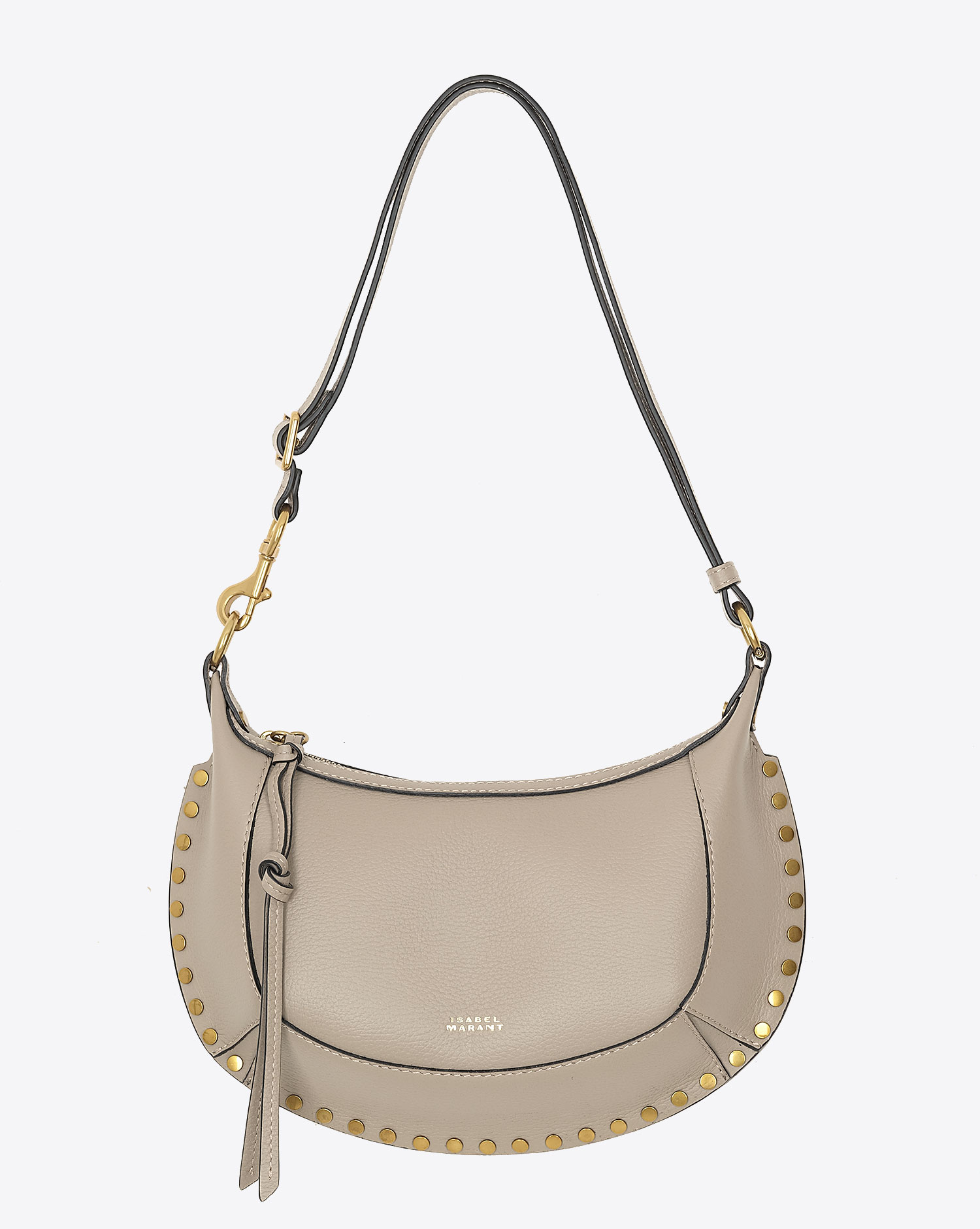 Sac lune Oskan Isabel Marant en cuir de veau grainé taupe. Vue face. 
