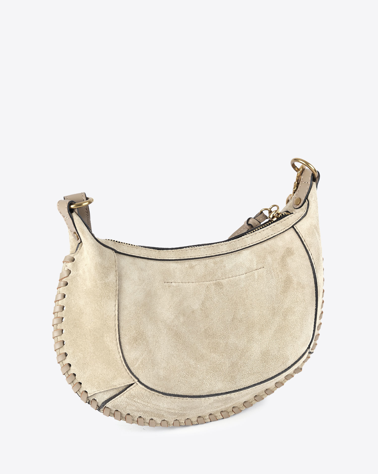 Sac lune Oskan Isabel Marant en cuir de veau suédé beige clair. Vue profil.