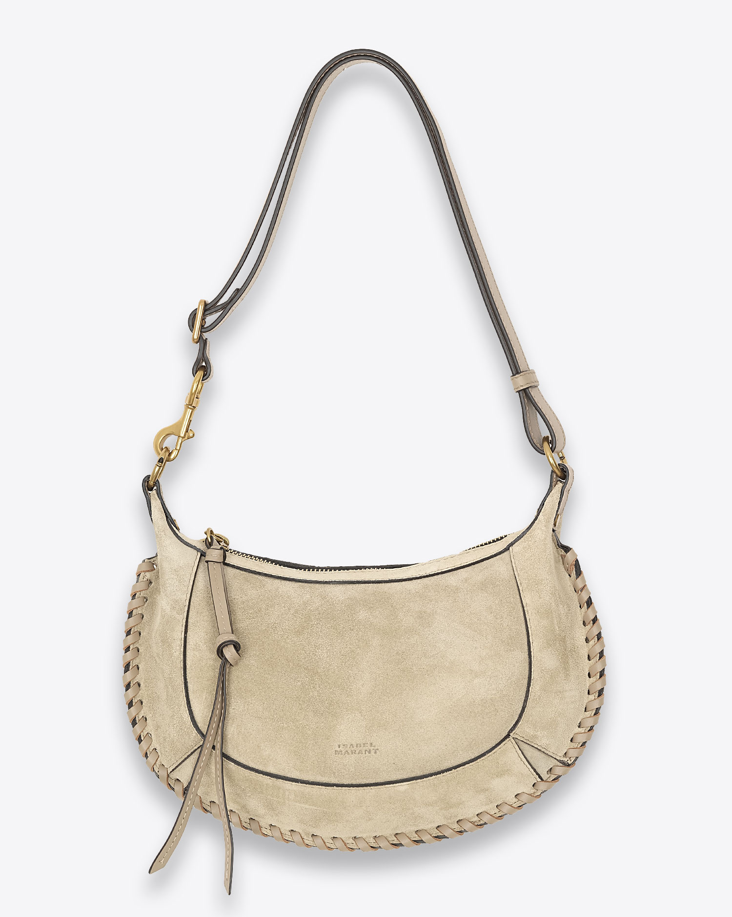 Sac lune Oskan Isabel Marant en cuir de veau suédé beige clair. Vue face.  
