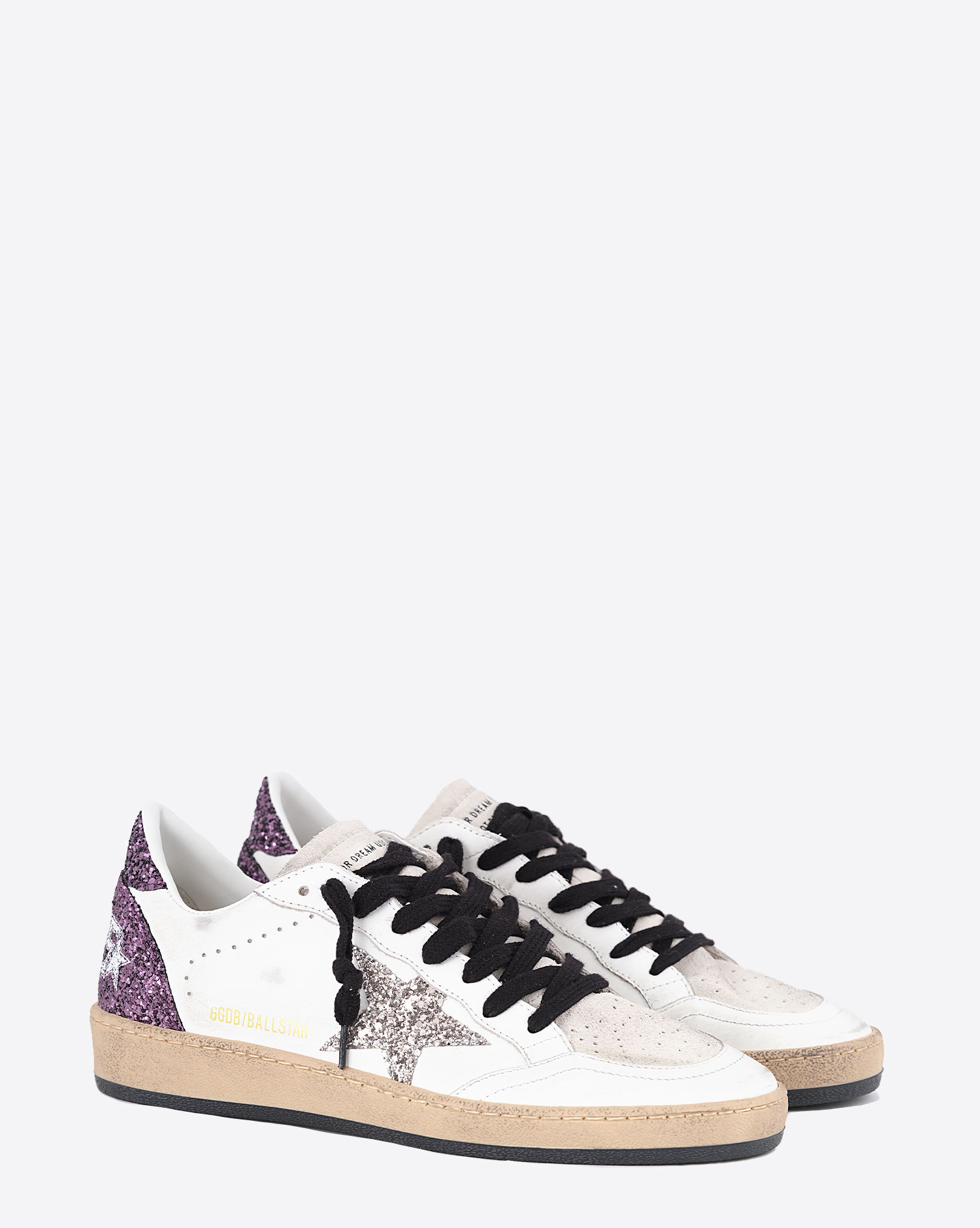 Sneakers Ball Star Golden Goose en cuir Blanc Argent Violet. Vue face. 